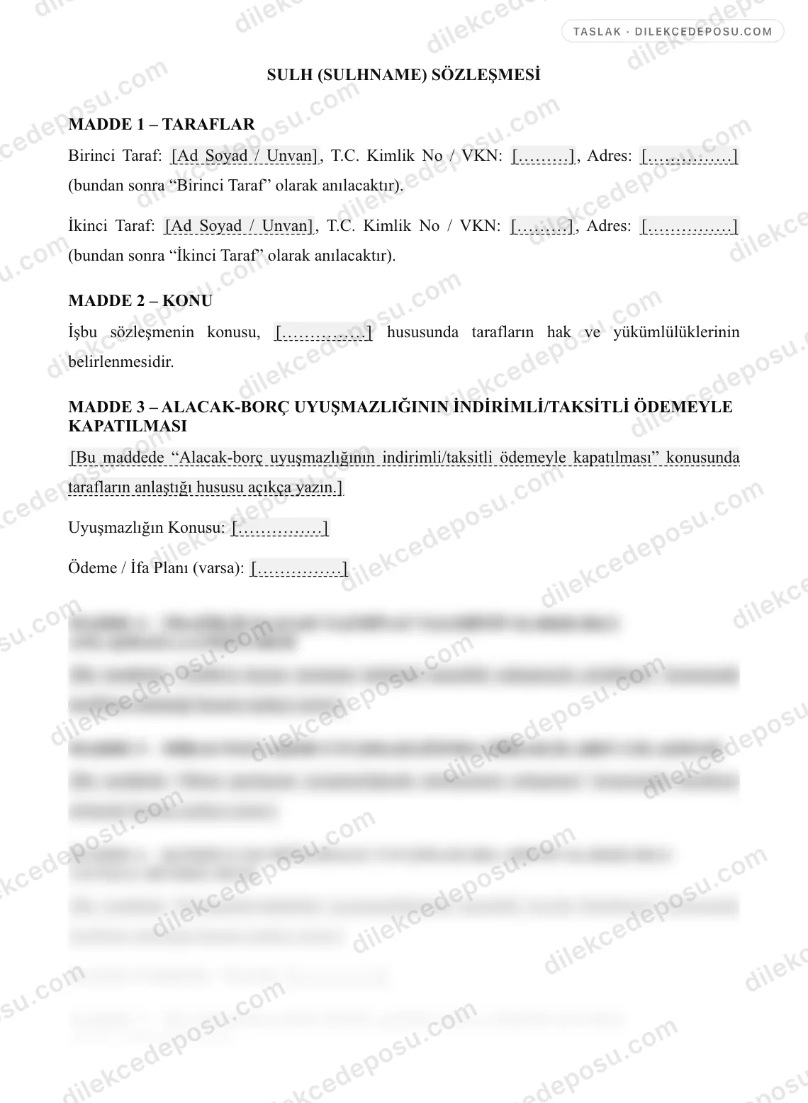 Sulh (Sulhname) Sözleşmesi Örneği – taslağın ilk bölümünün önizlemesi
