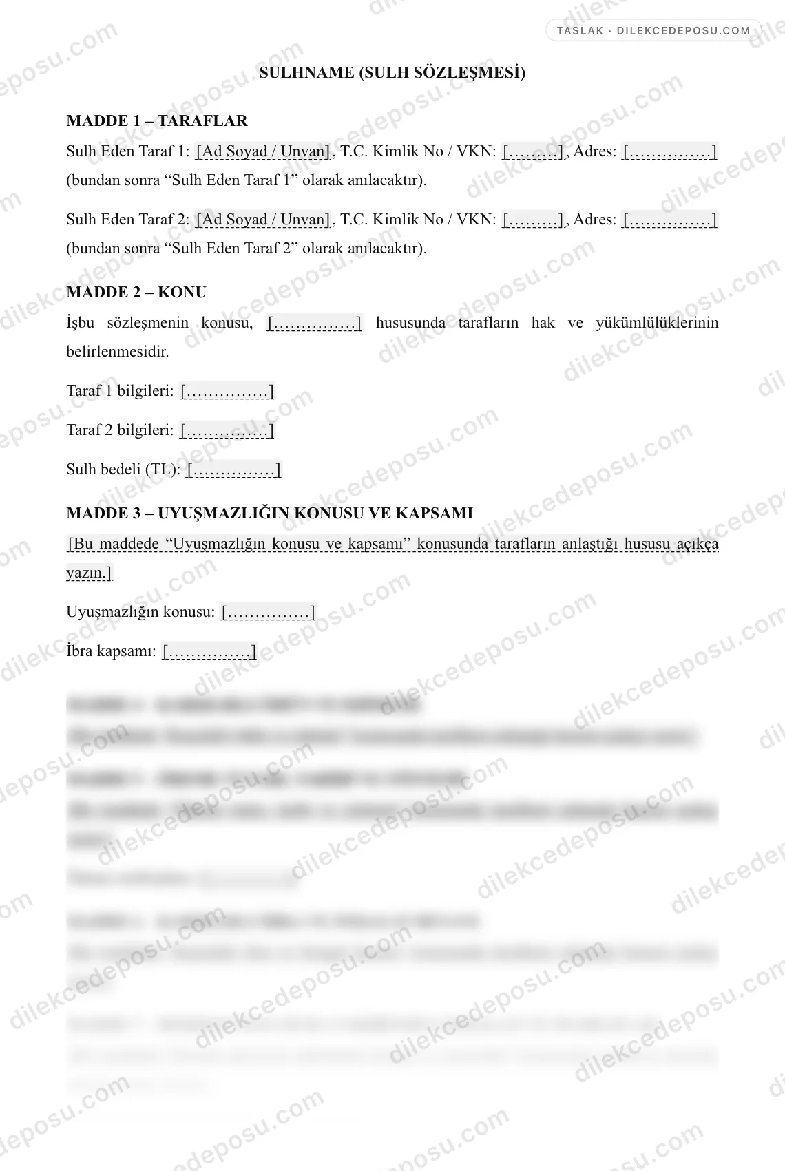Sulhname (Sulh Sözleşmesi) Örneği – taslağın ilk bölümünün önizlemesi