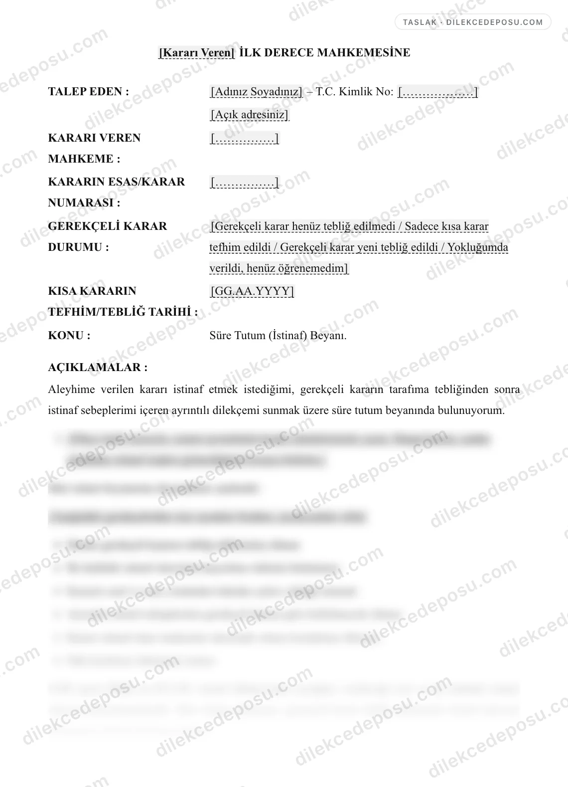 Süre Tutum (İstinaf) Dilekçesi Örneği – taslağın ilk bölümünün önizlemesi