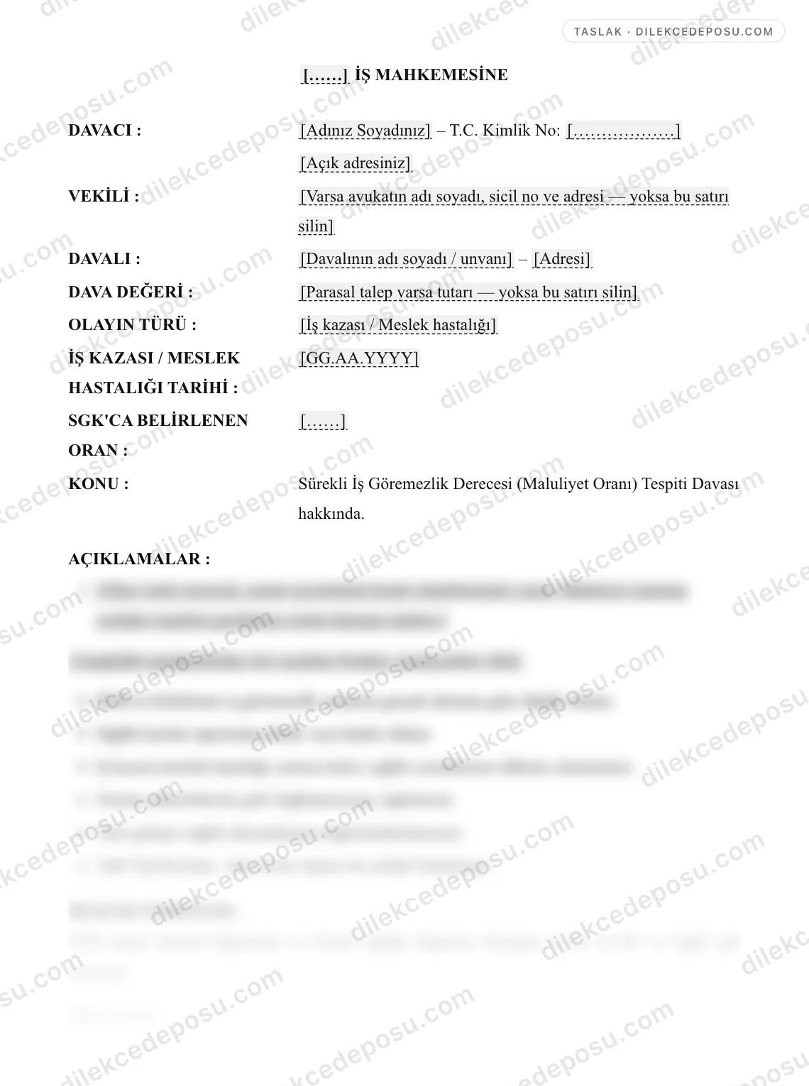 Sürekli İş Göremezlik Derecesi (Maluliyet Oranı) Tespiti Davası Örneği – taslağın ilk bölümünün önizlemesi