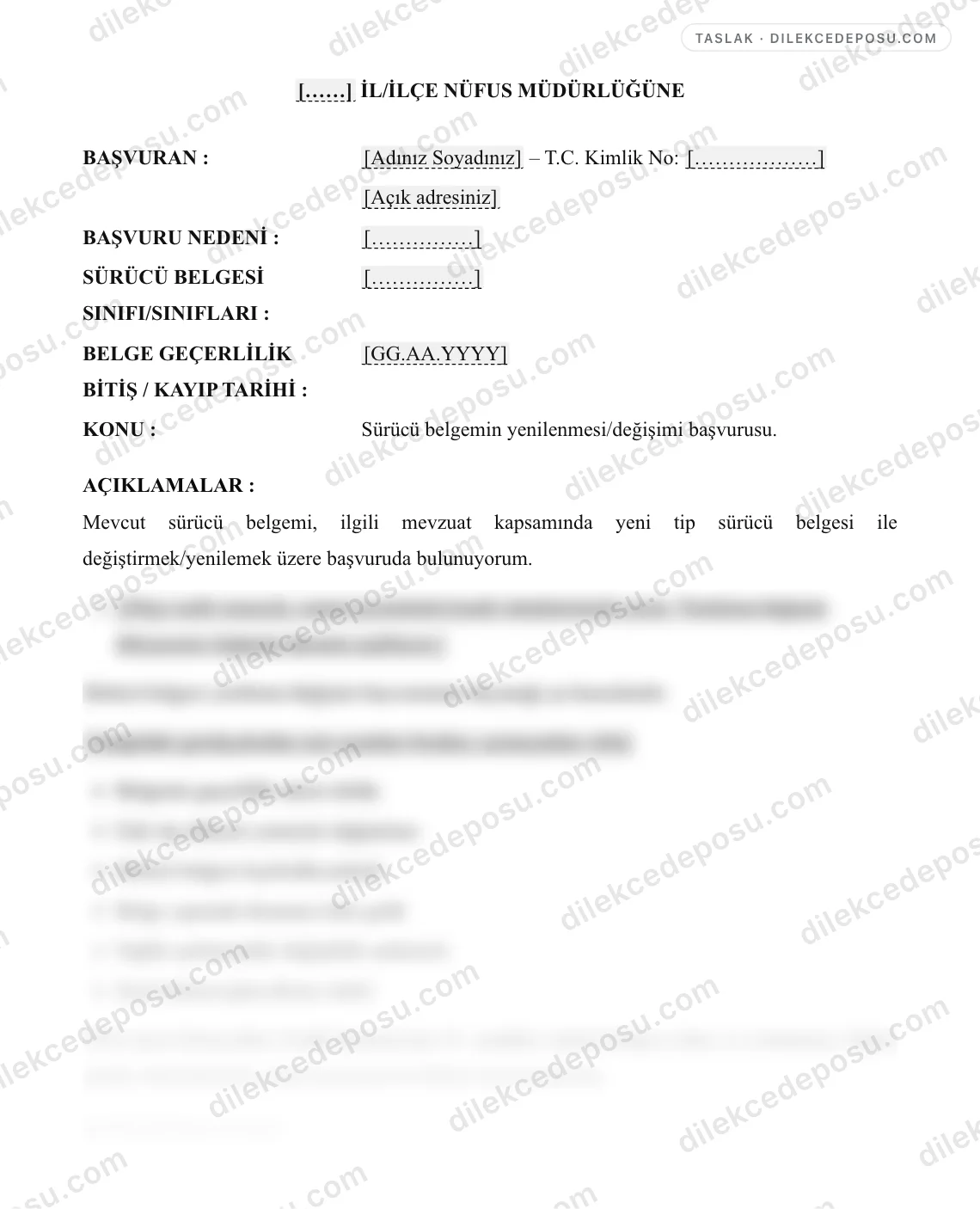 Sürücü Belgesi Yenileme/Değişim Başvuru Dilekçesi Örneği – taslağın ilk bölümünün önizlemesi
