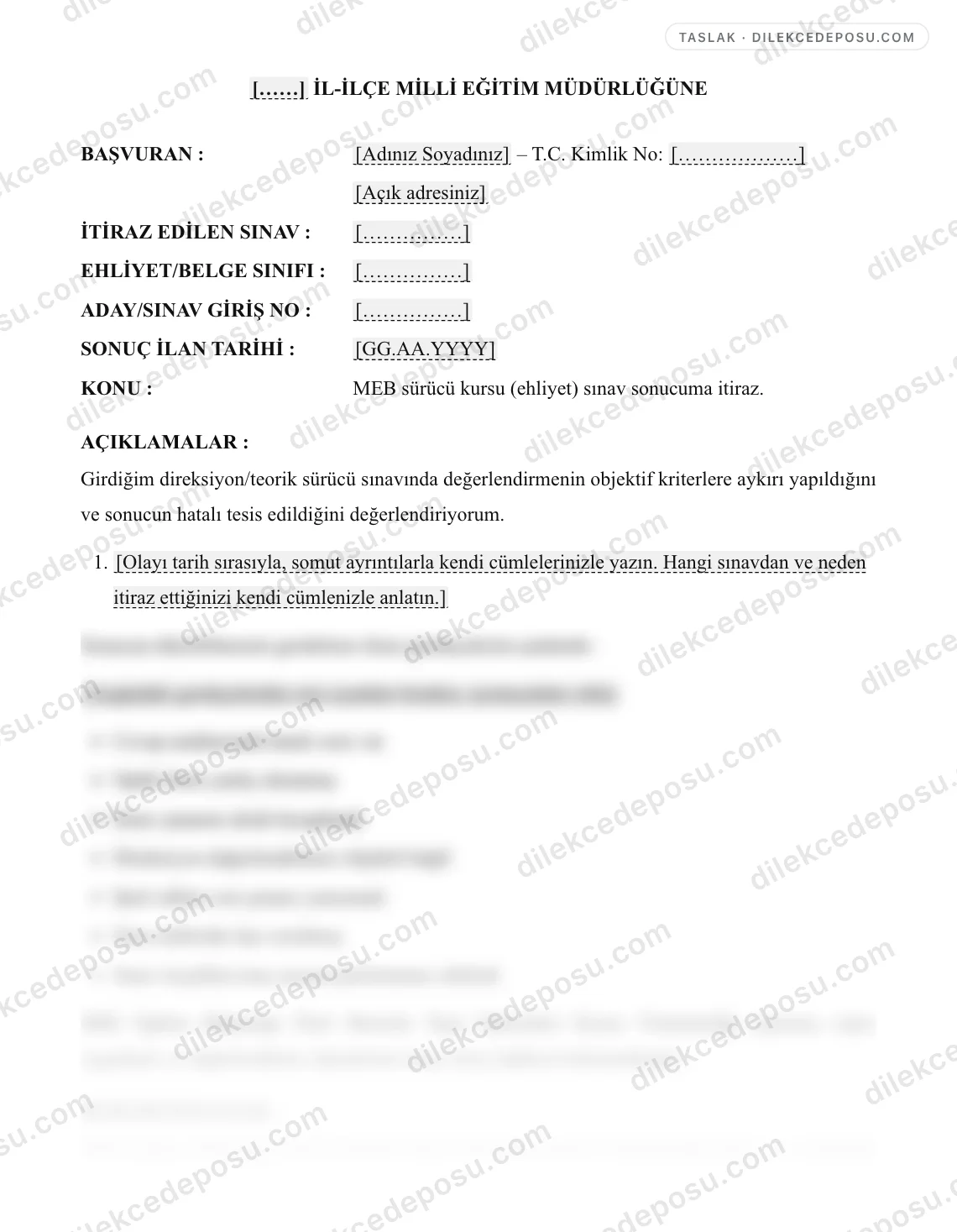 Sürücü Kursu/MEB Ehliyet Sınavı Sonuç İtiraz Dilekçesi Örneği – taslağın ilk bölümünün önizlemesi