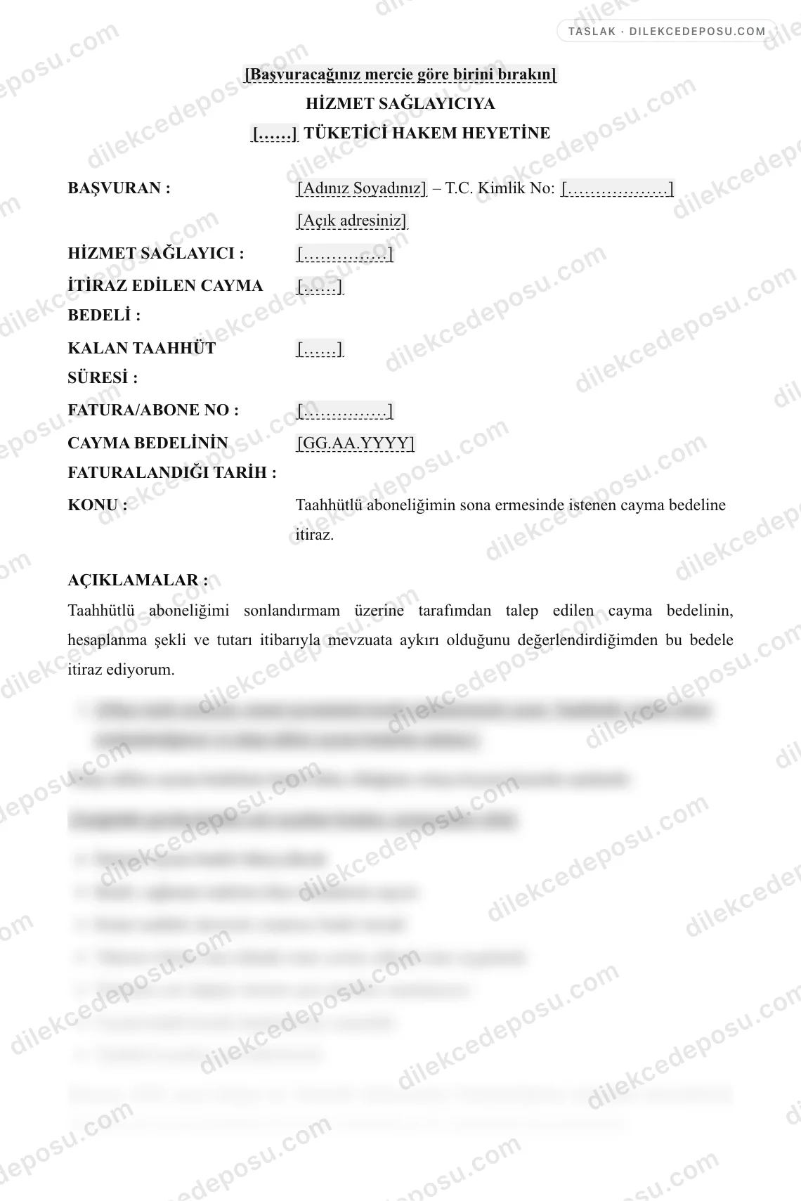 Taahhütlü Abonelik Cayma Bedeline İtiraz Dilekçesi Örneği – taslağın ilk bölümünün önizlemesi