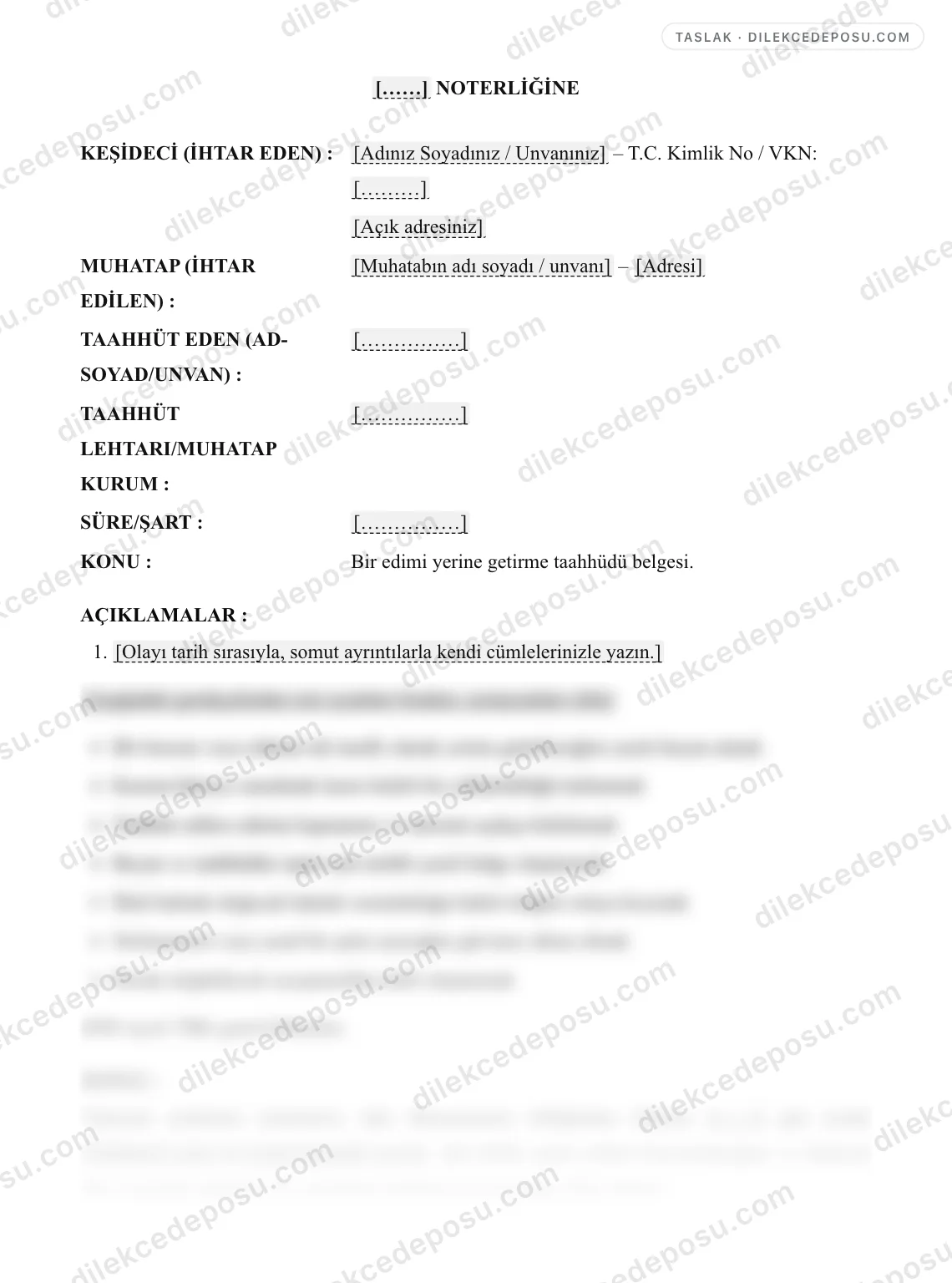 Taahhütname Örneği – taslağın ilk bölümünün önizlemesi