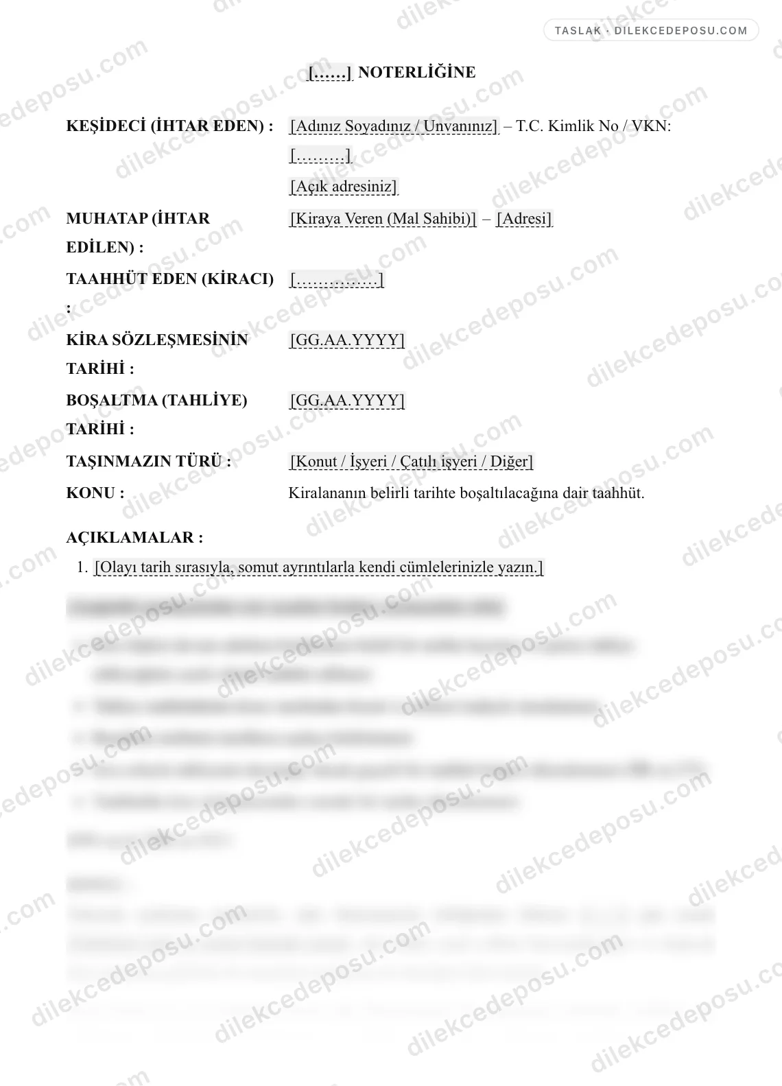 Tahliye Taahhütnamesi Örneği – taslağın ilk bölümünün önizlemesi