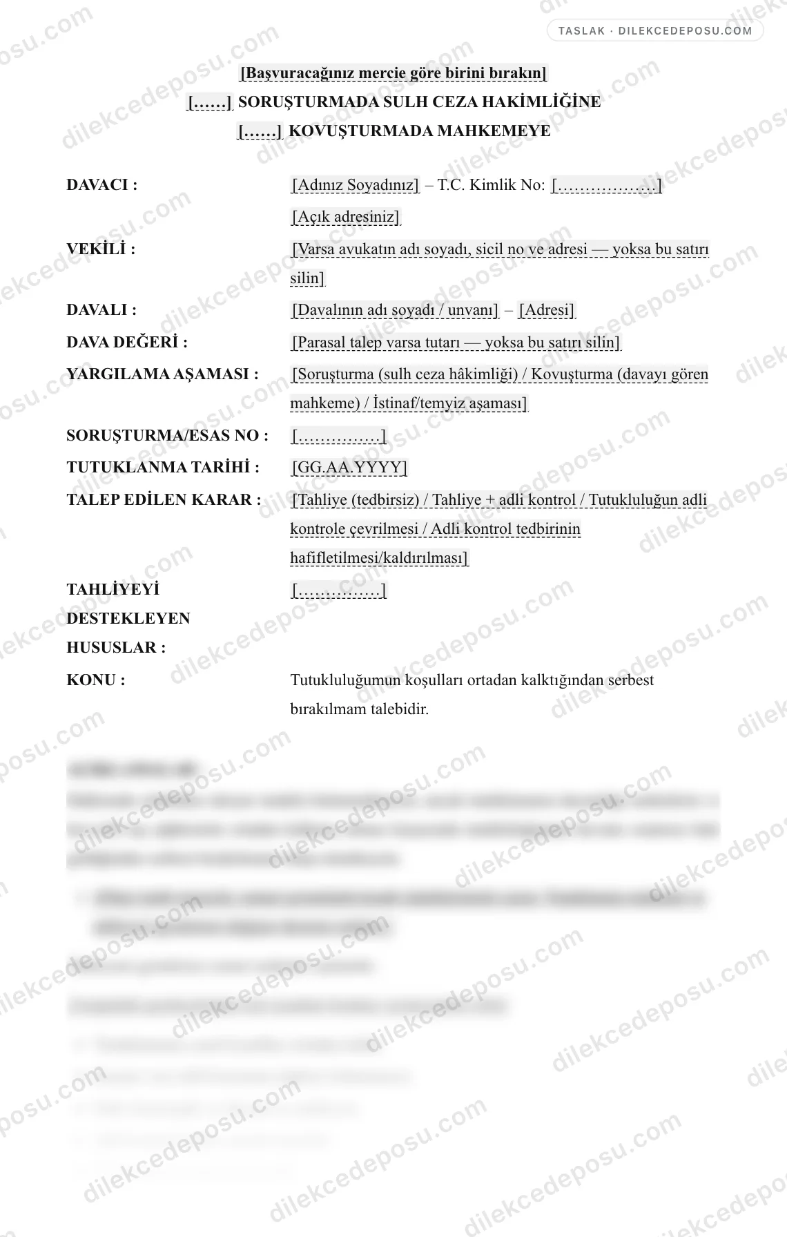 Tahliye Talebi Dilekçesi (CMK) Örneği – taslağın ilk bölümünün önizlemesi