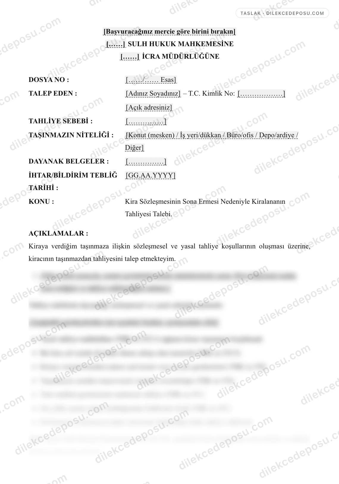 Tahliye Talep Dilekçesi Örneği – taslağın ilk bölümünün önizlemesi