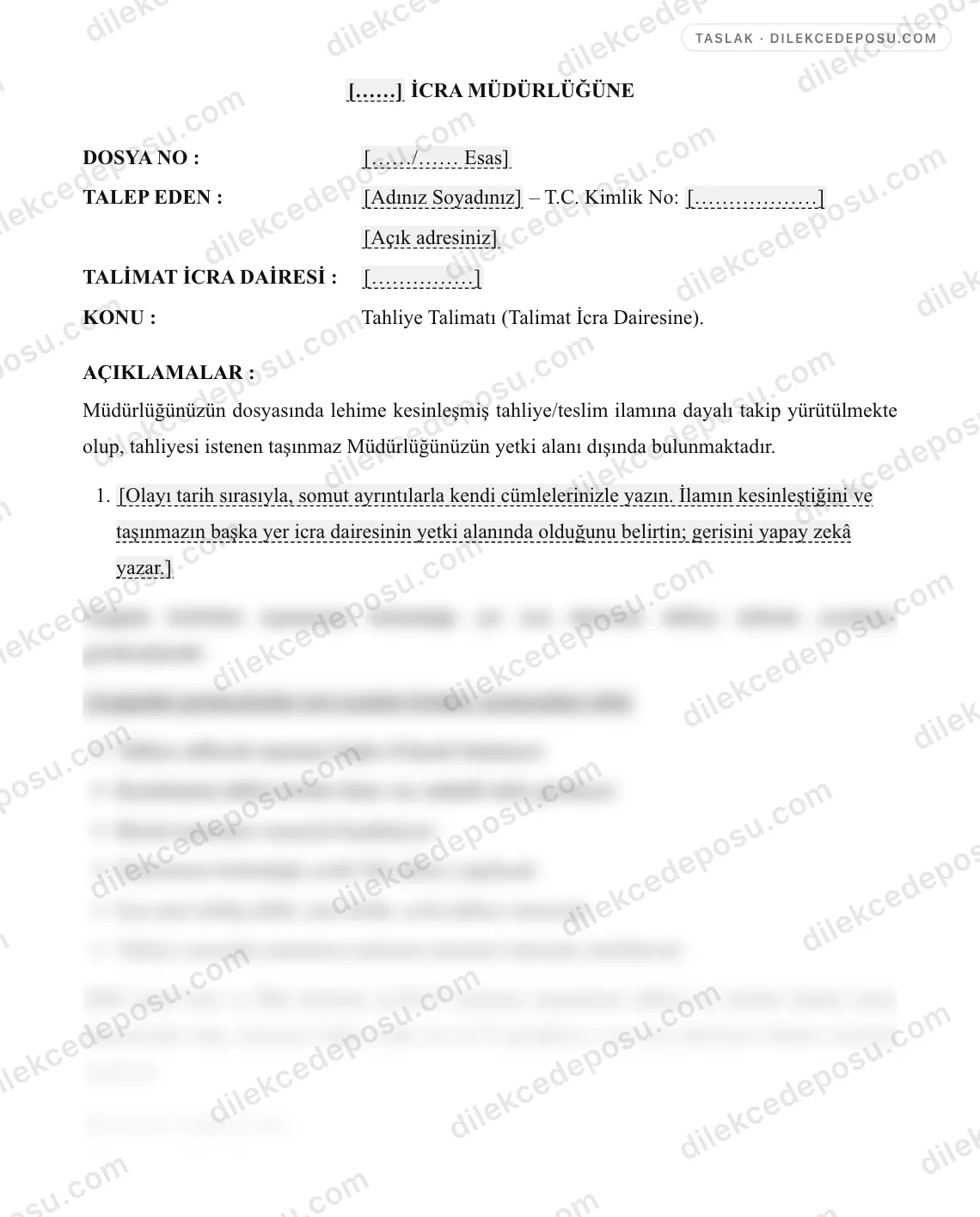 Tahliye Talimatı Örneği – taslağın ilk bölümünün önizlemesi