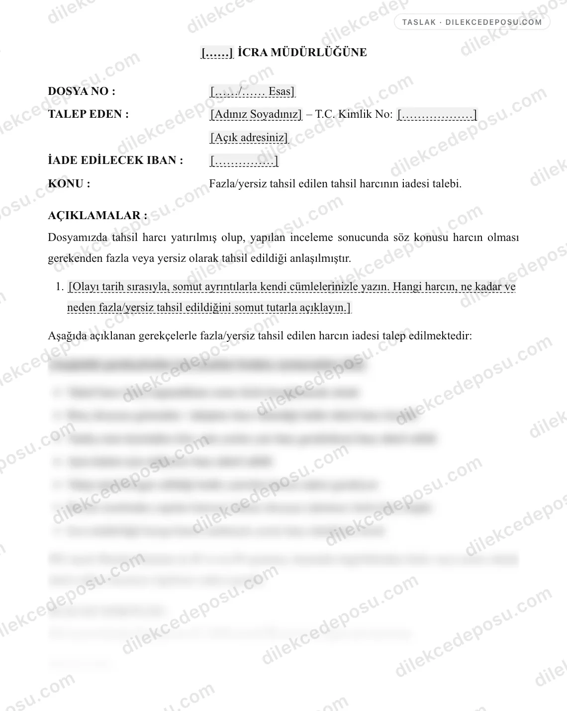 Tahsil Harcı İadesi Talebi Örneği – taslağın ilk bölümünün önizlemesi