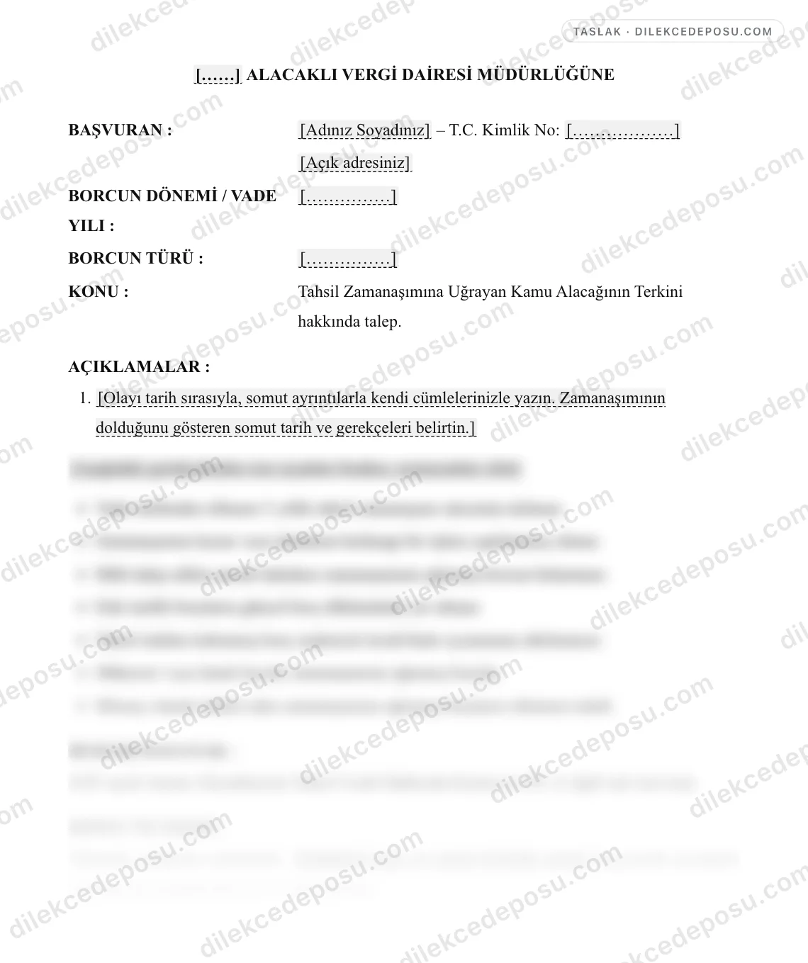 Tahsil Zamanaşımına Uğrayan Kamu Alacağının Terkini Talep Dilekçesi Örneği – taslağın ilk bölümünün önizlemesi