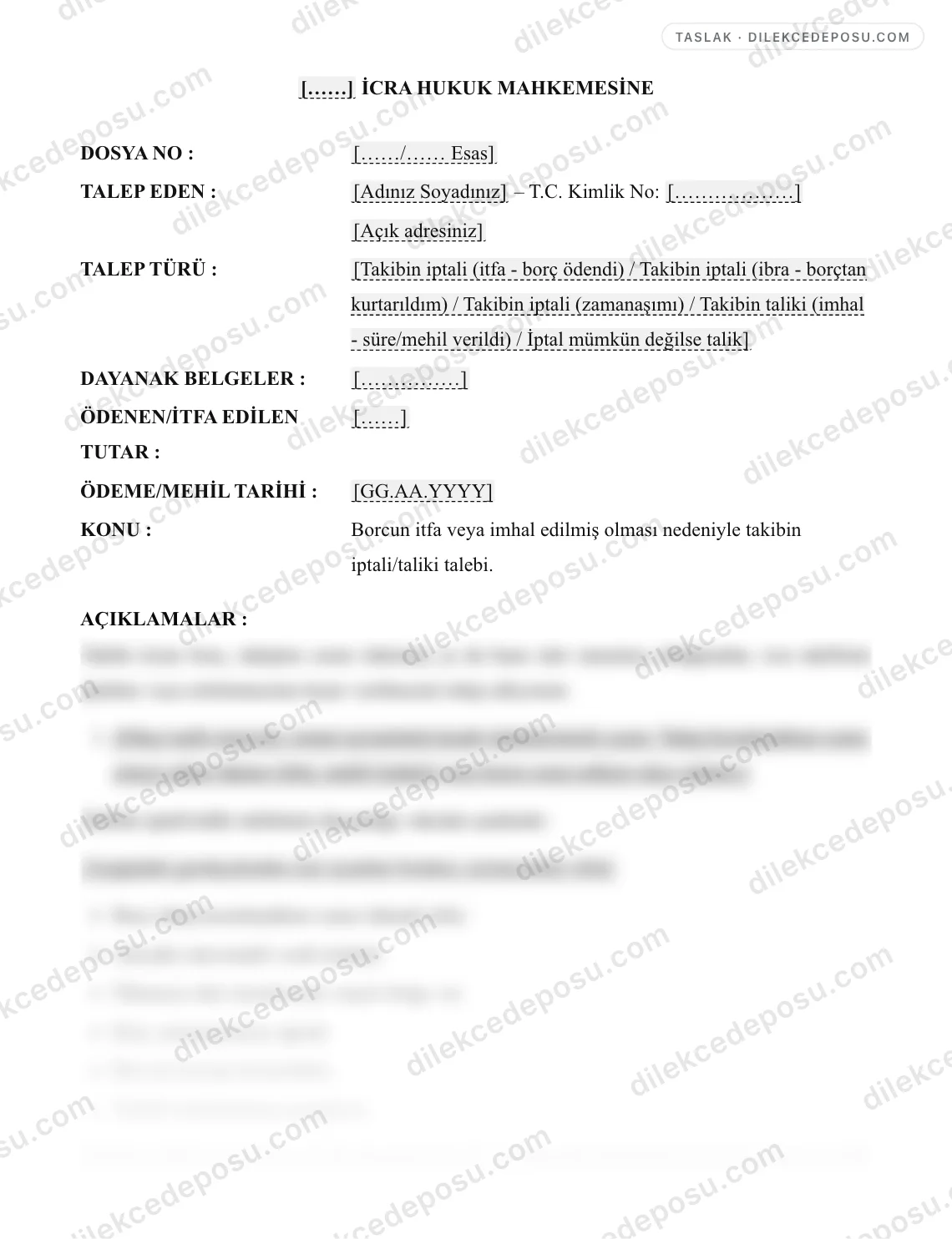 Takibin İptali veya Taliki Talebi Örneği – taslağın ilk bölümünün önizlemesi