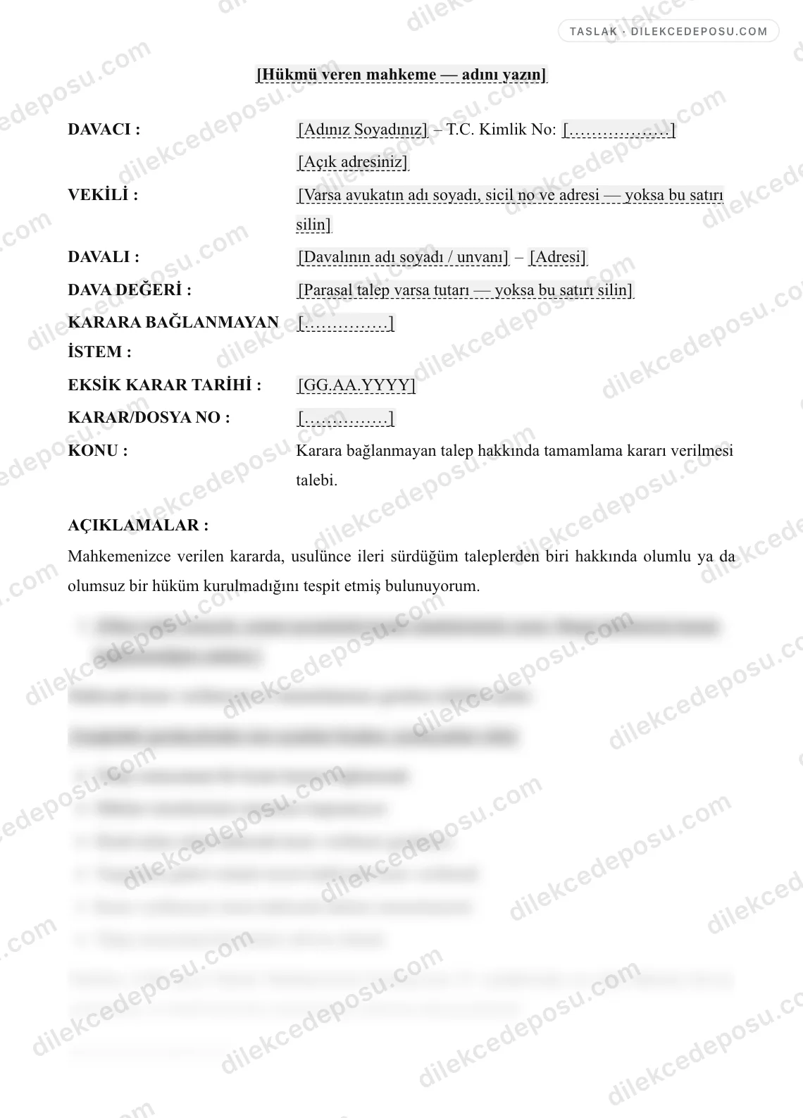 Tamamlama Kararı Verilmesi Talebi Örneği – taslağın ilk bölümünün önizlemesi
