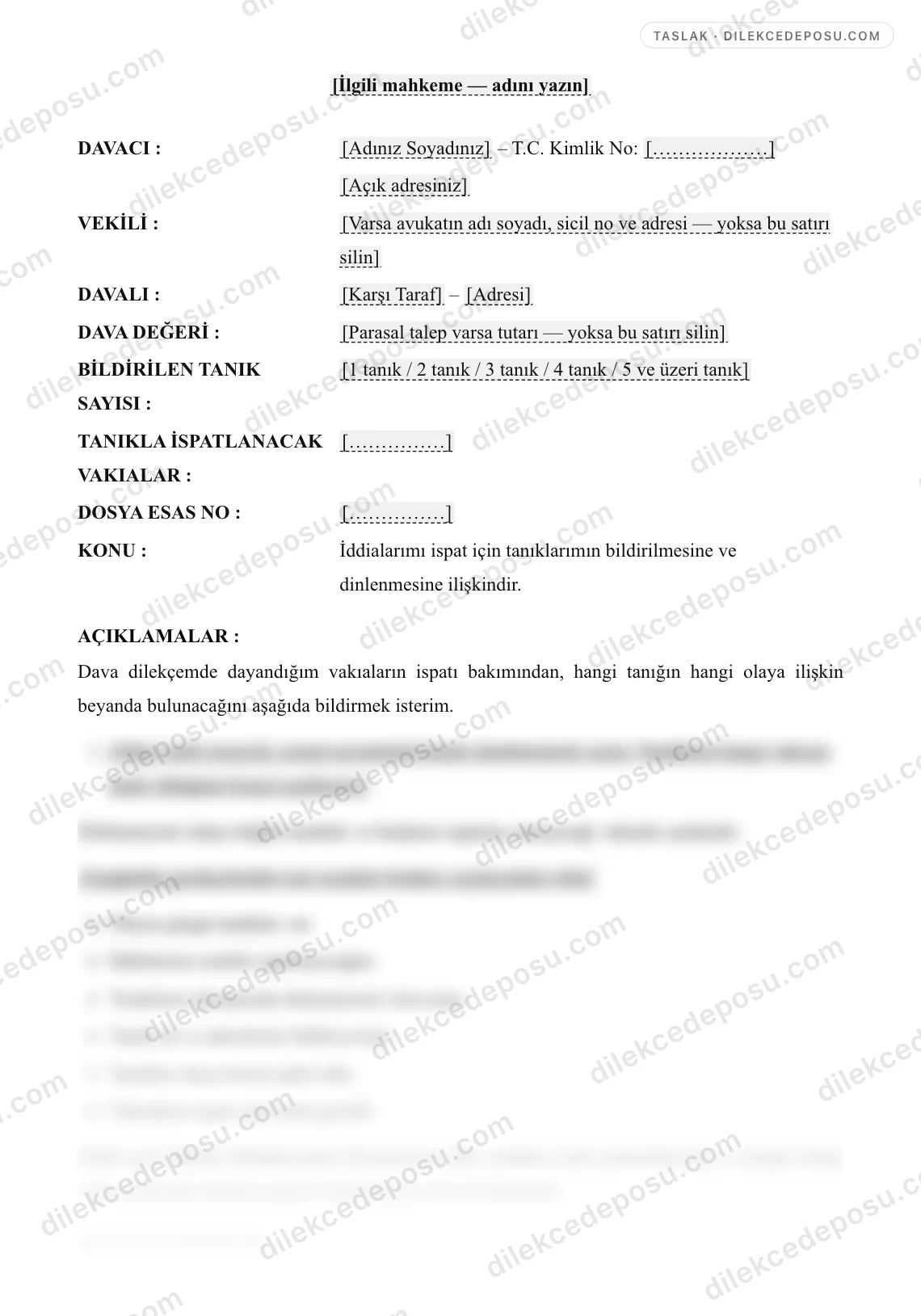 Tanık Bildirim Dilekçesi Örneği – taslağın ilk bölümünün önizlemesi