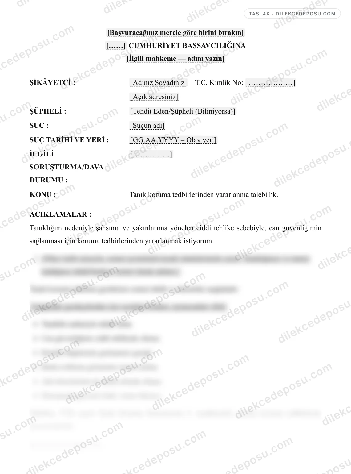 Tanık Koruma Talebi Dilekçesi Örneği – taslağın ilk bölümünün önizlemesi