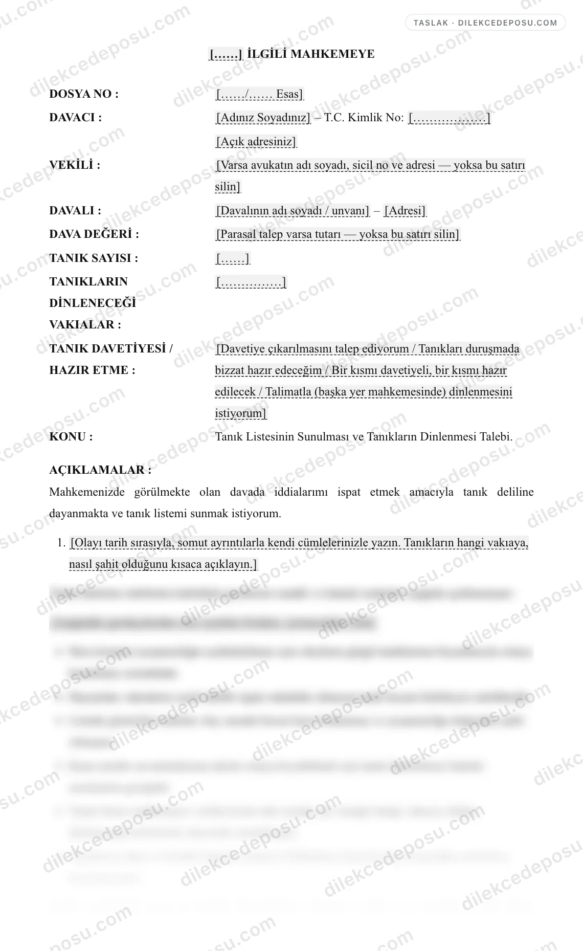 Tanık Listesi / Tanık Dinletme Talebi Örneği – taslağın ilk bölümünün önizlemesi