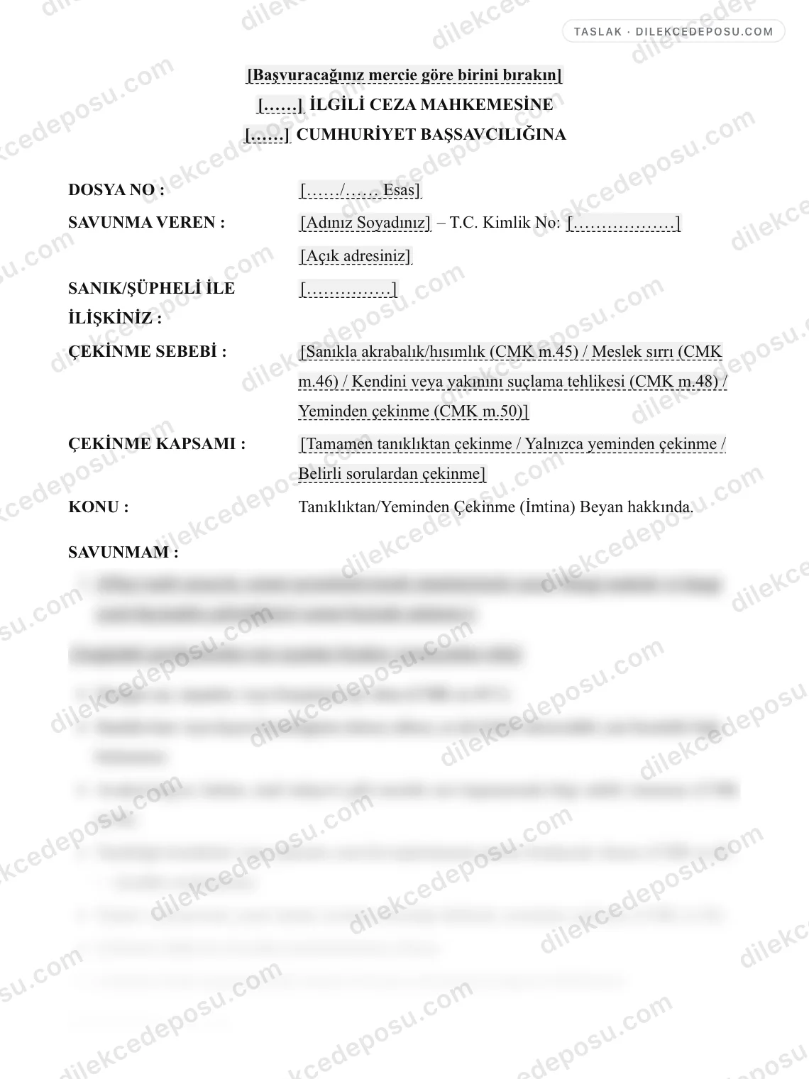 Tanıklıktan/Yeminden Çekinme (İmtina) Beyan Dilekçesi (Ceza) Örneği – taslağın ilk bölümünün önizlemesi