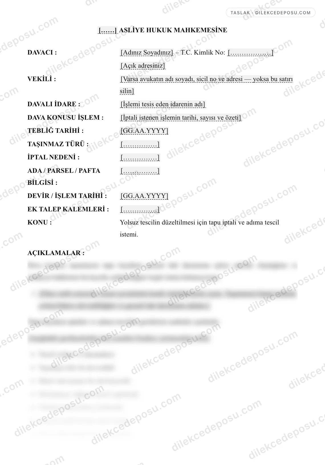 Tapu İptal ve Tescil Davası Örneği – taslağın ilk bölümünün önizlemesi