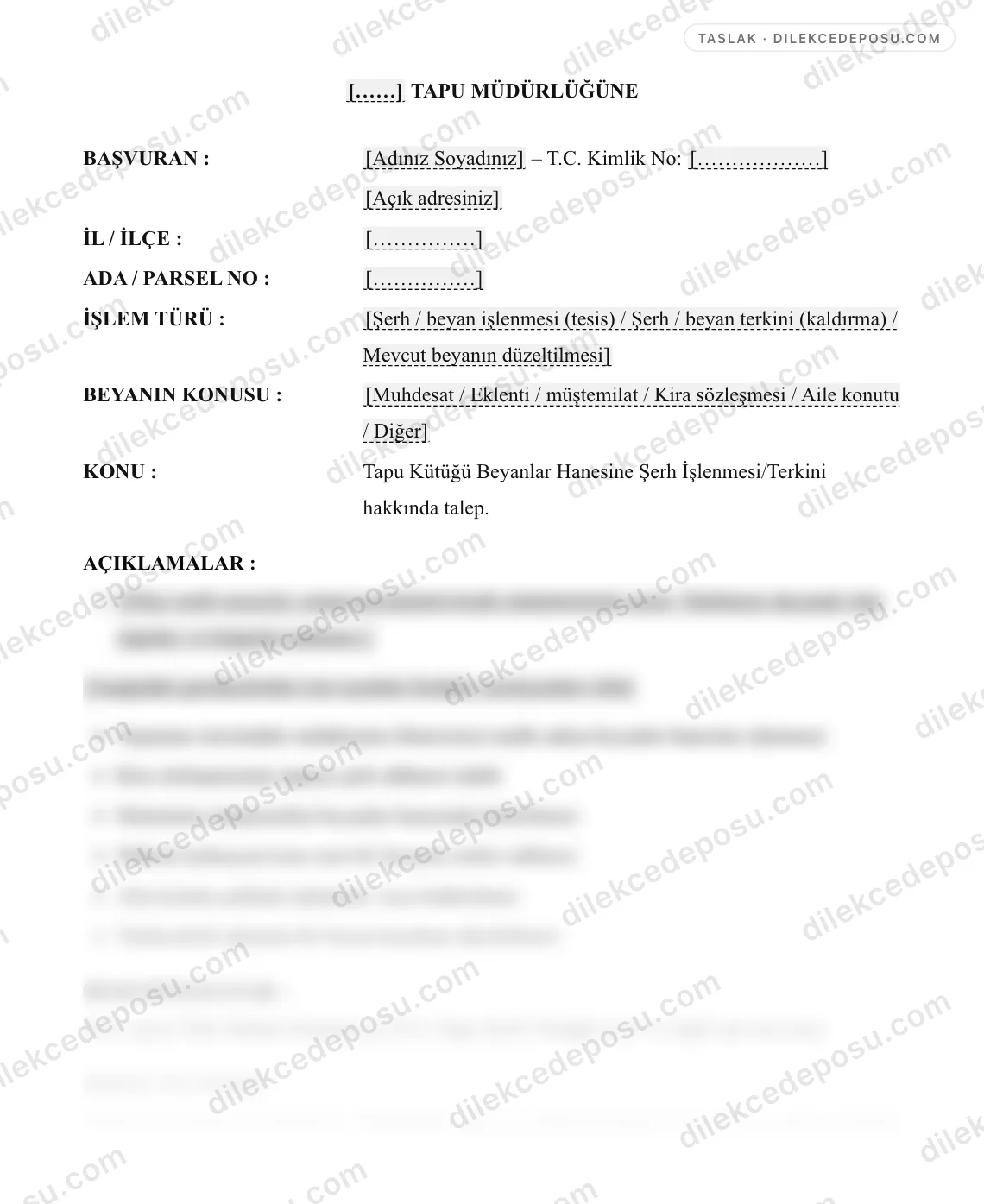 Tapu Kütüğü Beyanlar Hanesine Şerh İşlenmesi/Terkini Talebi Örneği – taslağın ilk bölümünün önizlemesi
