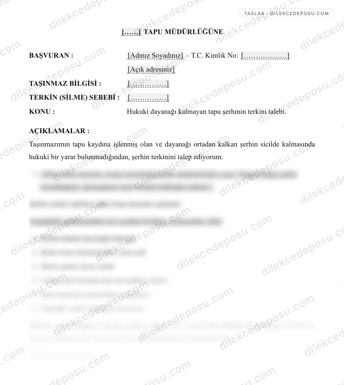 Tapu Şerhi Terkini Talebi Örneği – taslağın ilk bölümünün önizlemesi