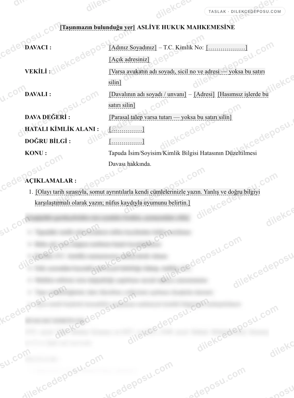 Tapuda İsim/Soyisim/Kimlik Bilgisi Hatasının Düzeltilmesi Davası (TMK m.1027) Örneği – taslağın ilk bölümünün önizlemesi