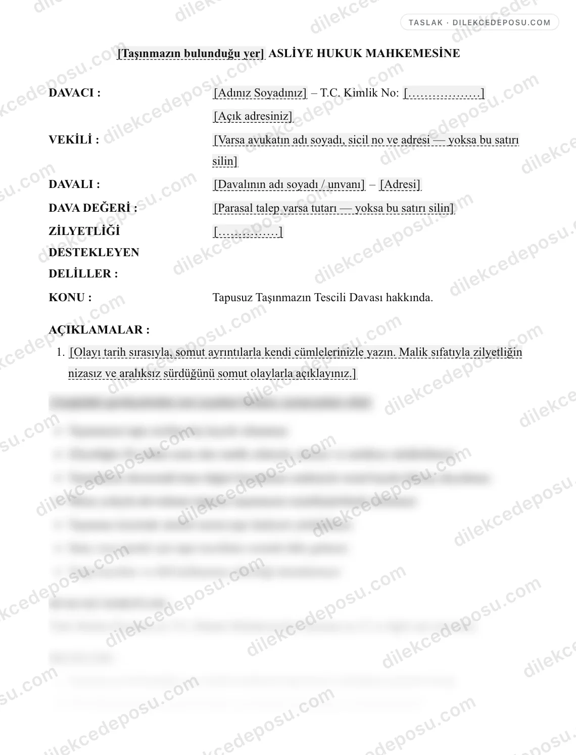 Tapusuz Taşınmazın Tescili Davası (TMK m.713/2) Örneği – taslağın ilk bölümünün önizlemesi