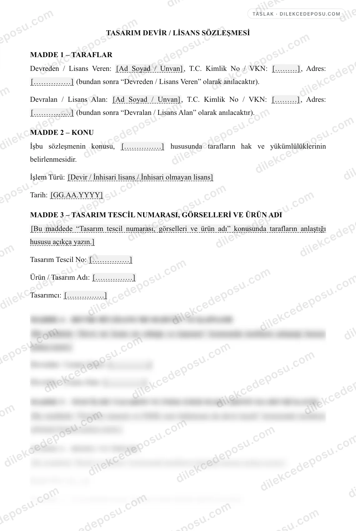 Tasarım Devir / Lisans Sözleşmesi Örneği – taslağın ilk bölümünün önizlemesi