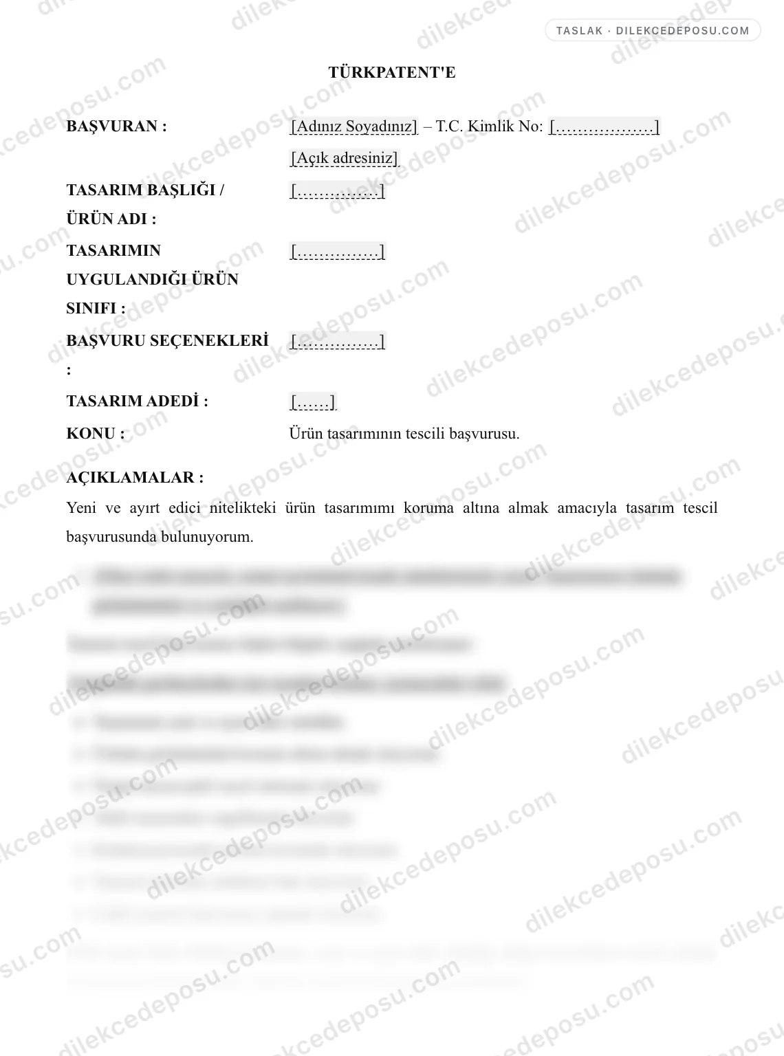 Tasarım Tescil Başvurusu Örneği – taslağın ilk bölümünün önizlemesi