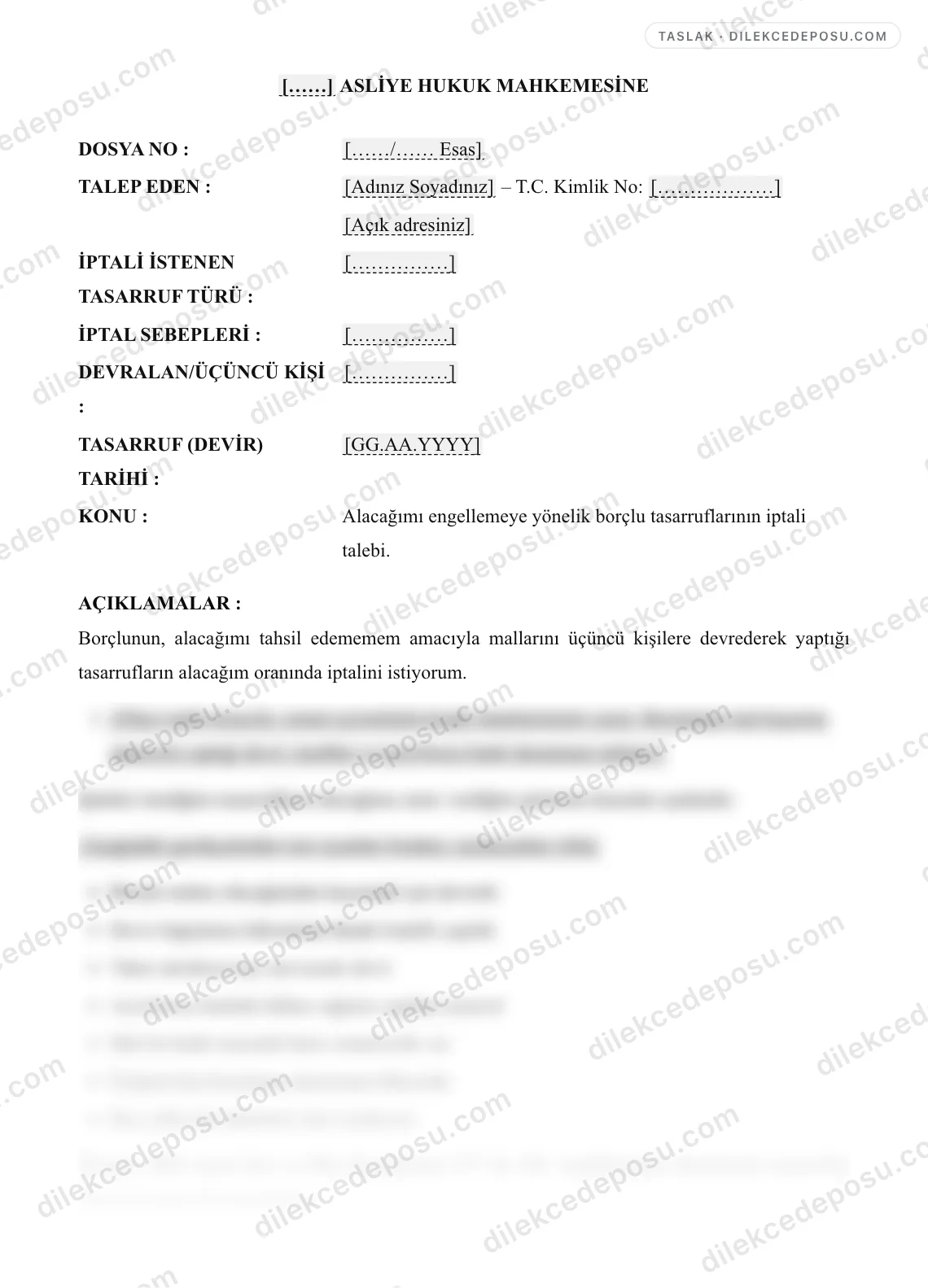 Tasarrufun İptali Davası (İcra Hukuku) Örneği – taslağın ilk bölümünün önizlemesi