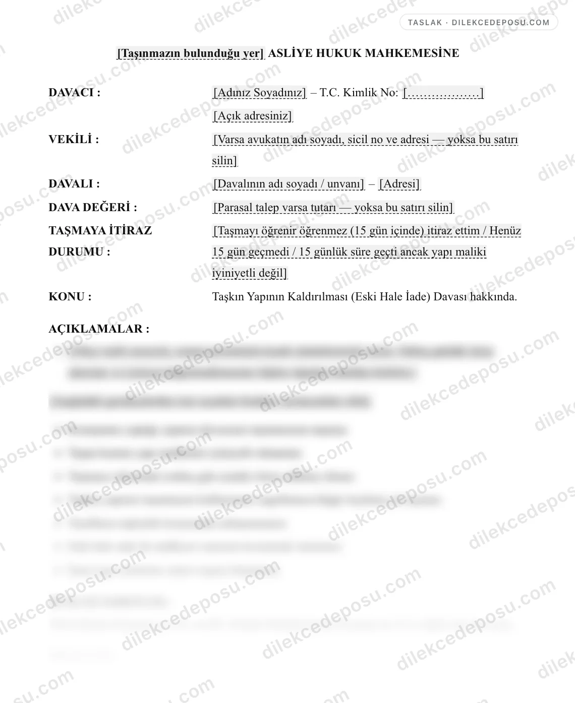 Taşkın Yapının Kaldırılması (Eski Hale İade) Davası (TMK m.725) Örneği – taslağın ilk bölümünün önizlemesi