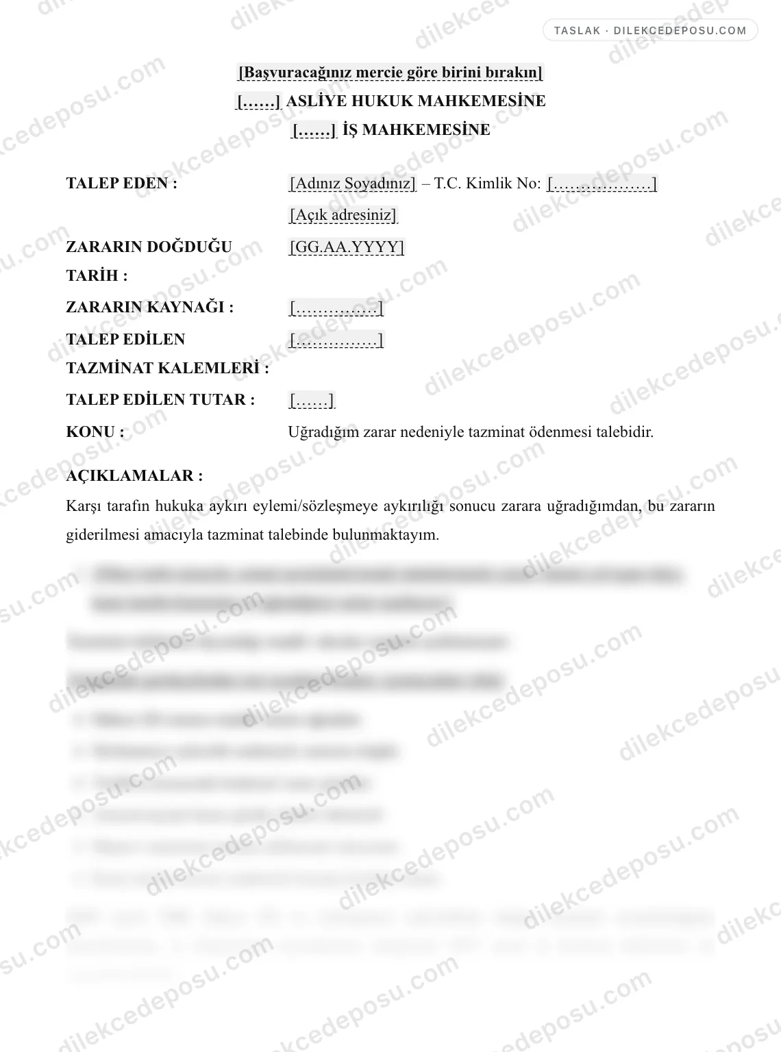 Tazminat Talep Dilekçesi Örneği – taslağın ilk bölümünün önizlemesi