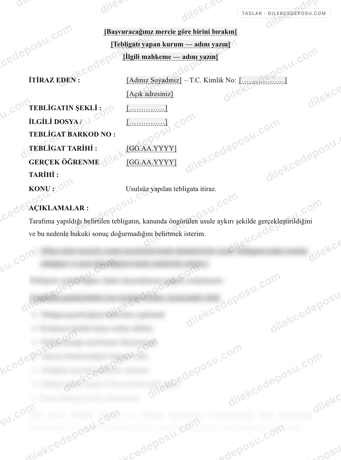 Tebligata İtiraz Dilekçesi Örneği – taslağın ilk bölümünün önizlemesi