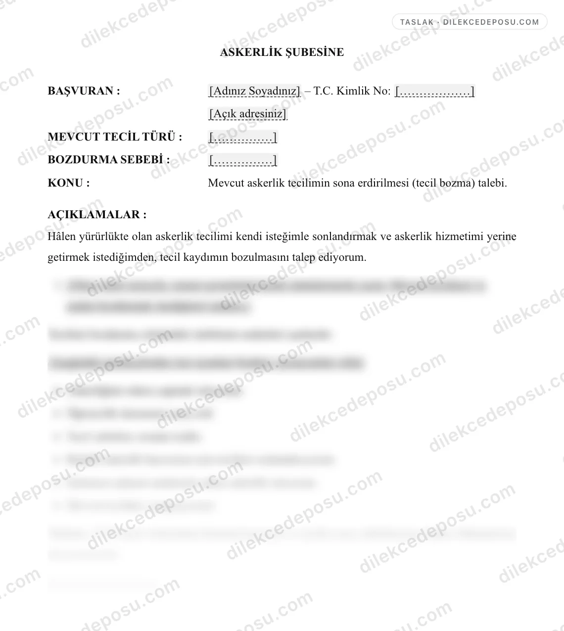 Tecil Bozdurma Dilekçesi Örneği – taslağın ilk bölümünün önizlemesi