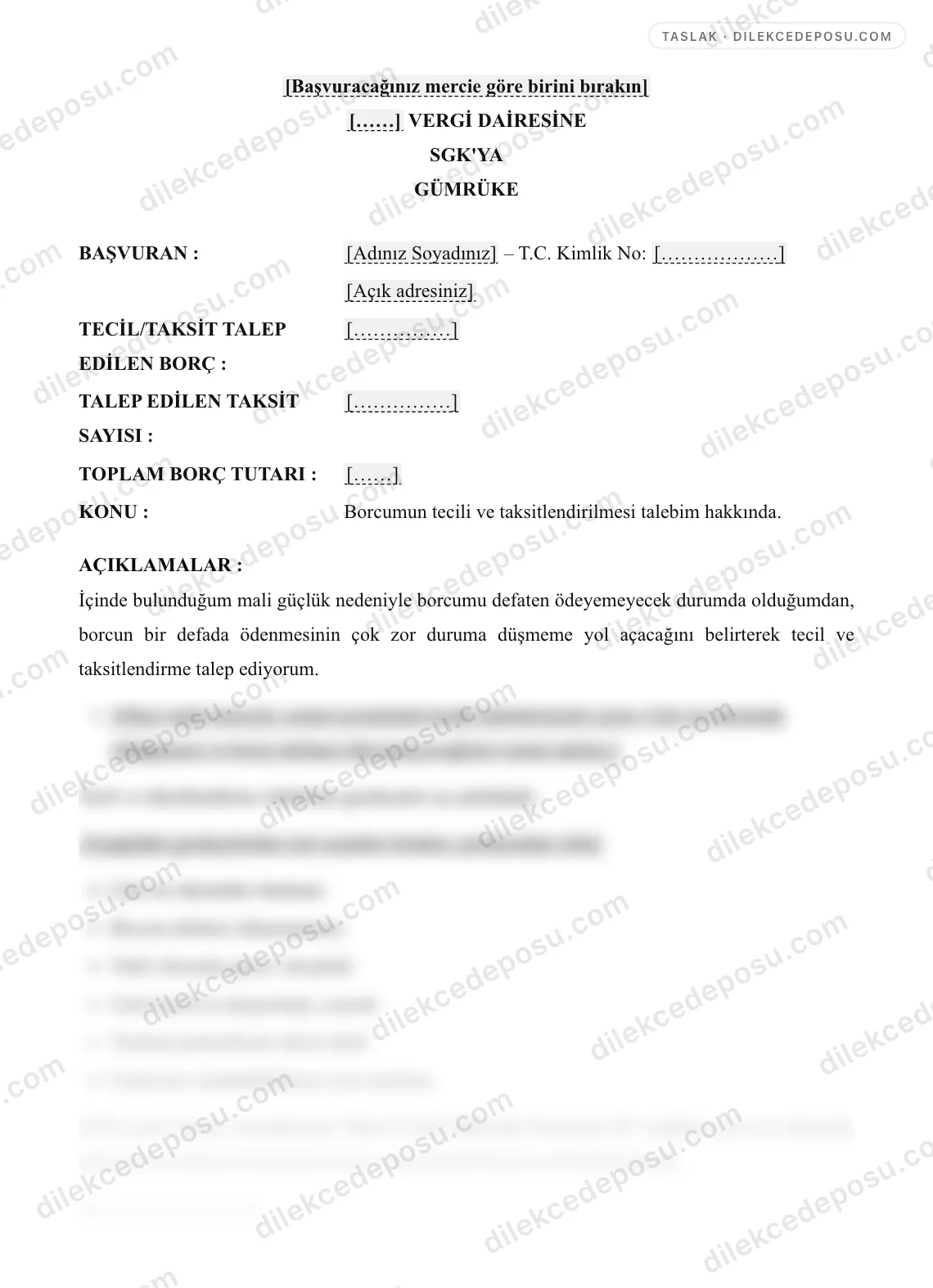 Tecil/Taksitlendirme Talep Dilekçesi Örneği – taslağın ilk bölümünün önizlemesi