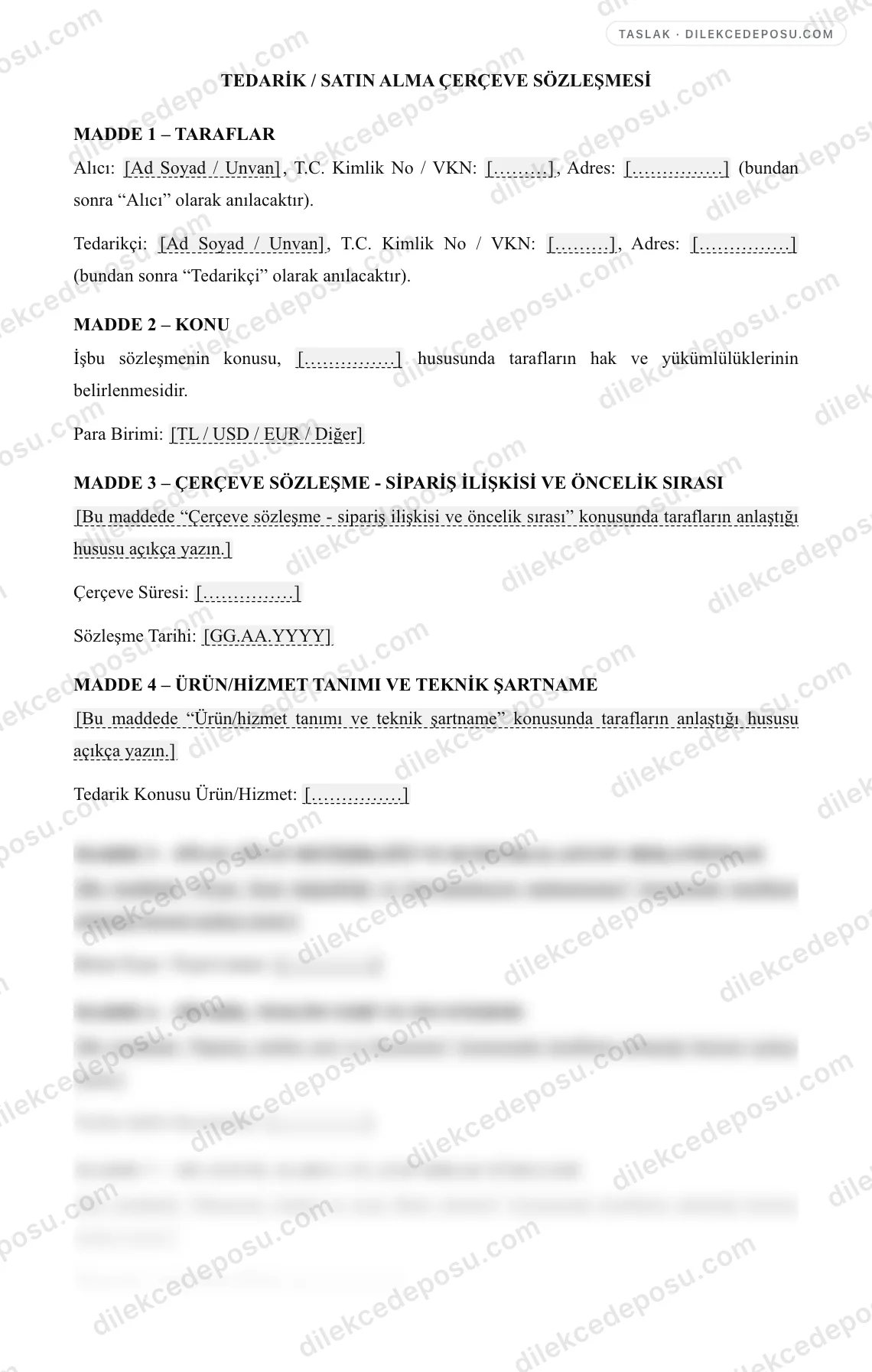 Tedarik / Satın Alma Çerçeve Sözleşmesi Örneği – taslağın ilk bölümünün önizlemesi
