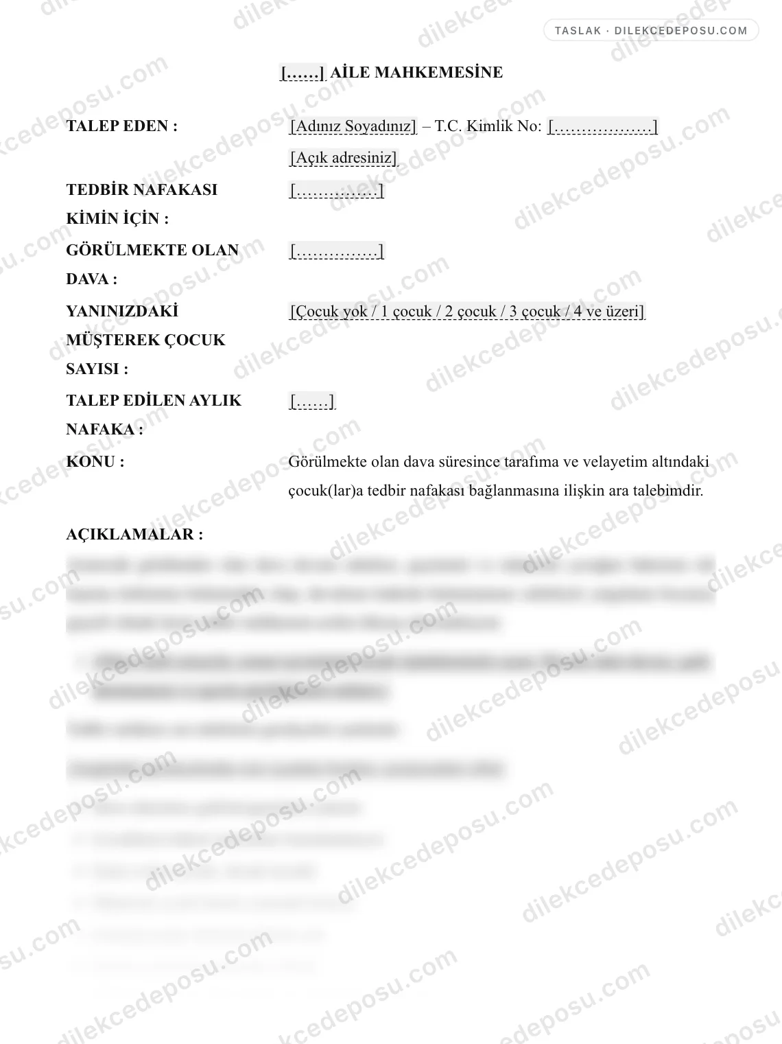 Tedbir Nafakasına İlişkin Ara Talep Dilekçesi Örneği – taslağın ilk bölümünün önizlemesi
