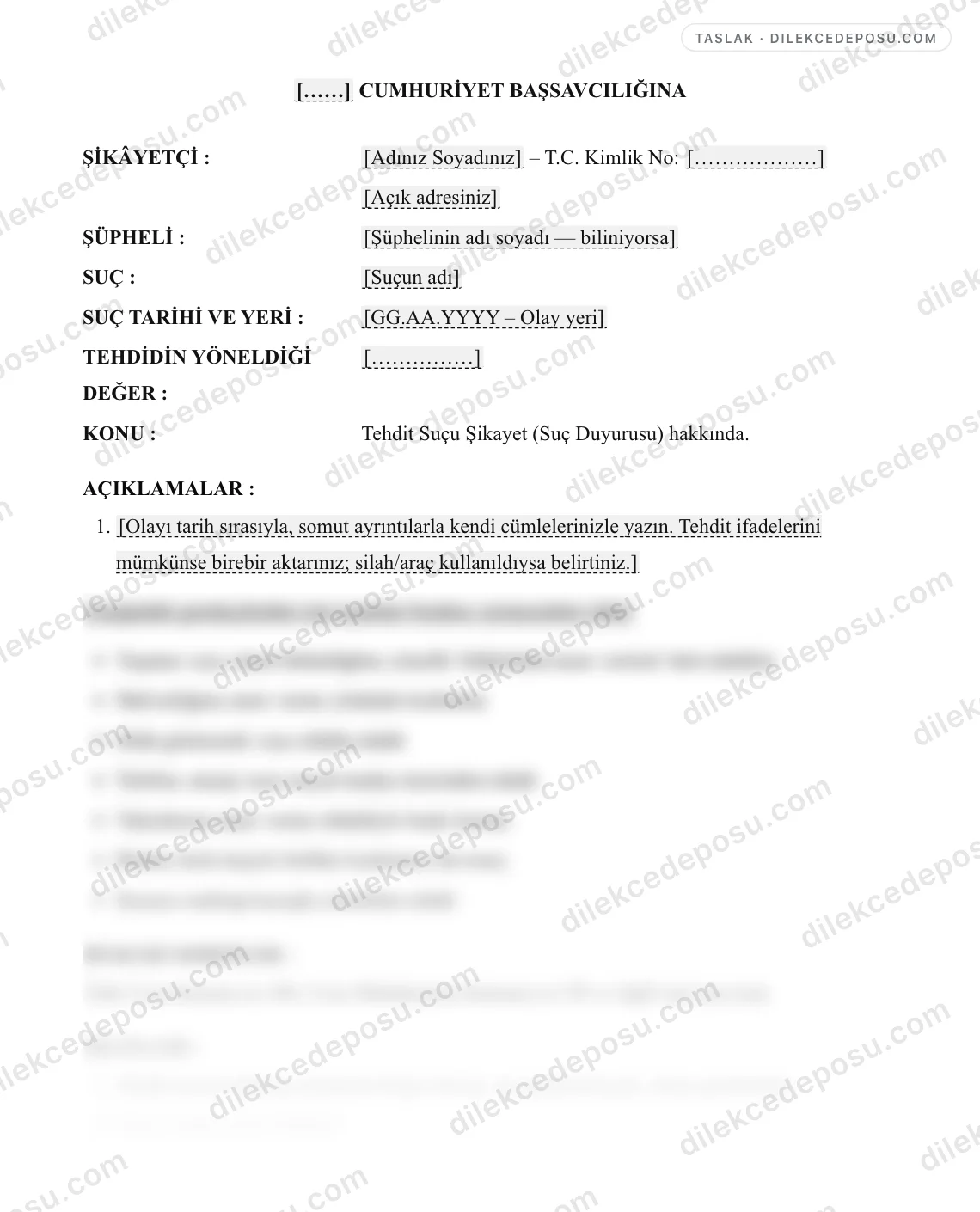 Tehdit Suçu Şikayet (Suç Duyurusu) Dilekçesi Örneği – taslağın ilk bölümünün önizlemesi