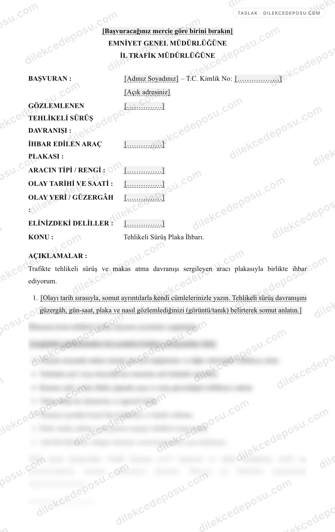 Tehlikeli Sürüş / Makas Atma Plaka İhbar Dilekçesi Örneği – taslağın ilk bölümünün önizlemesi