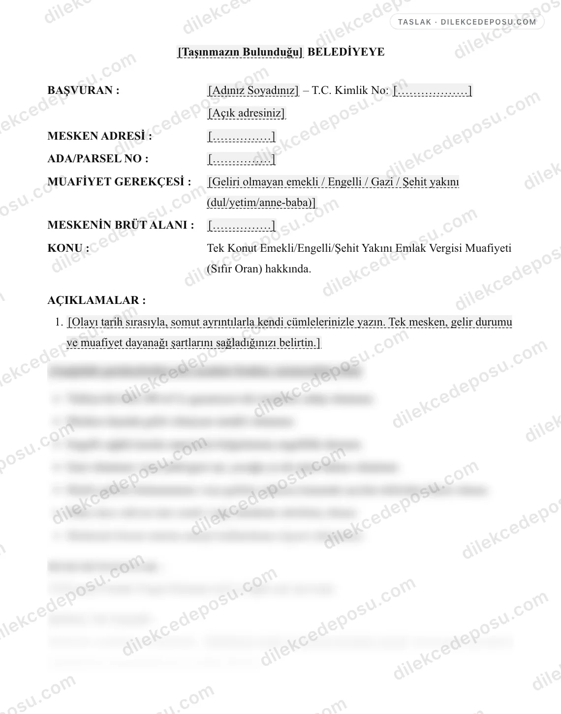 Tek Konut Emekli/Engelli/Şehit Yakını Emlak Vergisi Muafiyeti (Sıfır Oran) Dilekçesi Örneği – taslağın ilk bölümünün önizlemesi