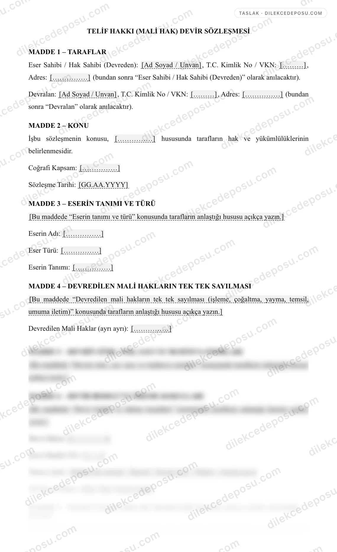 Telif Hakkı (Mali Hak) Devir Sözleşmesi Örneği – taslağın ilk bölümünün önizlemesi