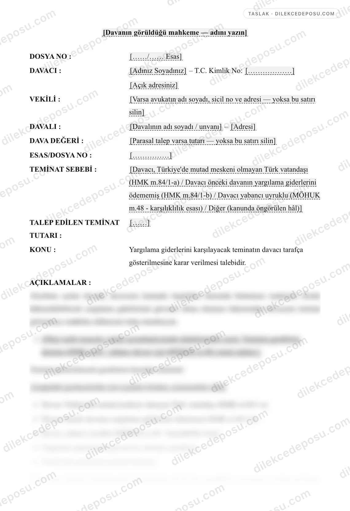 Teminat Gösterilmesi Talebi Dilekçesi (HMK m.84) Örneği – taslağın ilk bölümünün önizlemesi