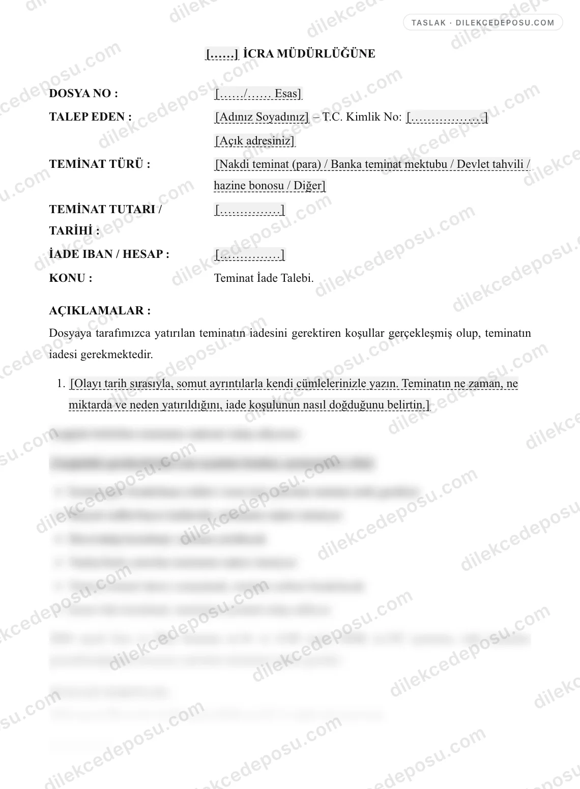 Teminat İade Talebi Örneği – taslağın ilk bölümünün önizlemesi