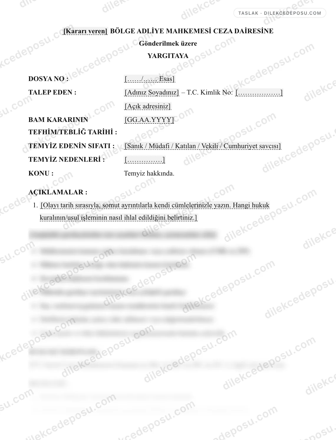 Temyiz Dilekçesi (Ceza - CMK m.286) Örneği – taslağın ilk bölümünün önizlemesi