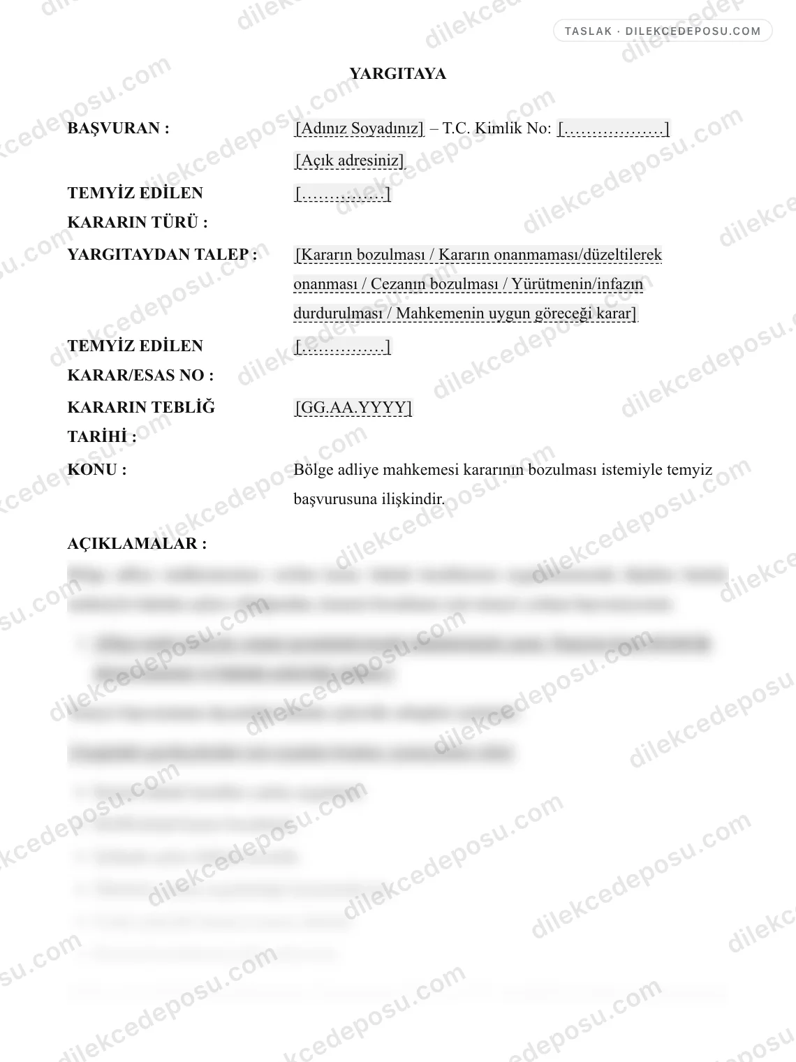 Temyiz Dilekçesi Örneği – taslağın ilk bölümünün önizlemesi