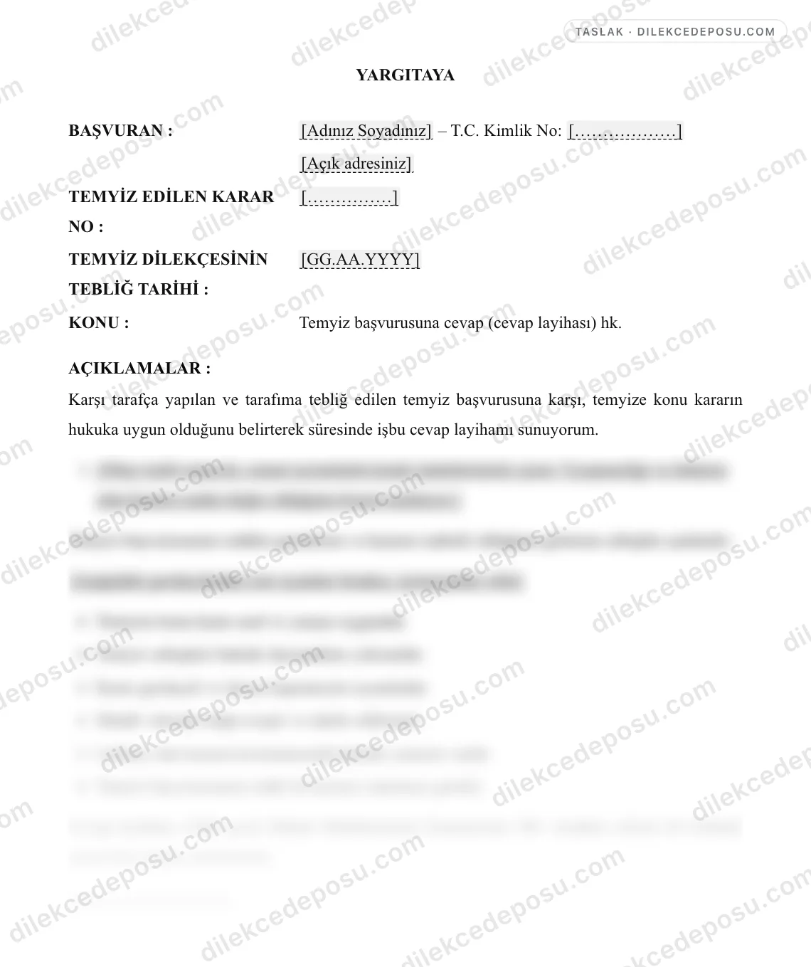 Temyize Cevap (Cevap Layihası) Dilekçesi Örneği – taslağın ilk bölümünün önizlemesi