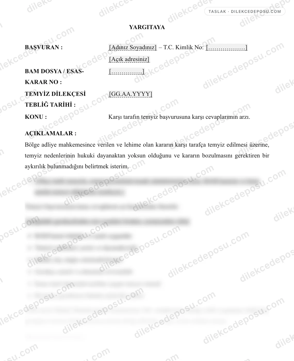 Temyize Cevap Dilekçesi Örneği – taslağın ilk bölümünün önizlemesi