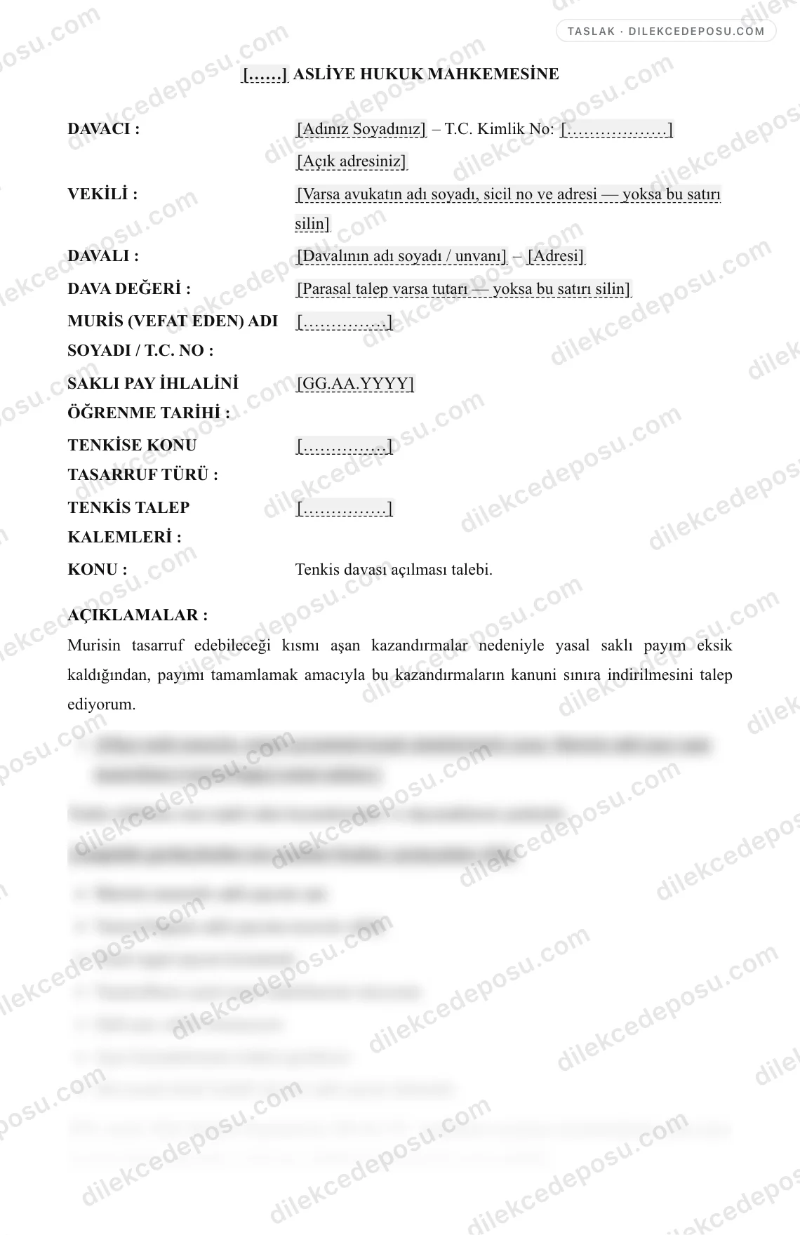 Tenkis Davası Dilekçesi Örneği – taslağın ilk bölümünün önizlemesi