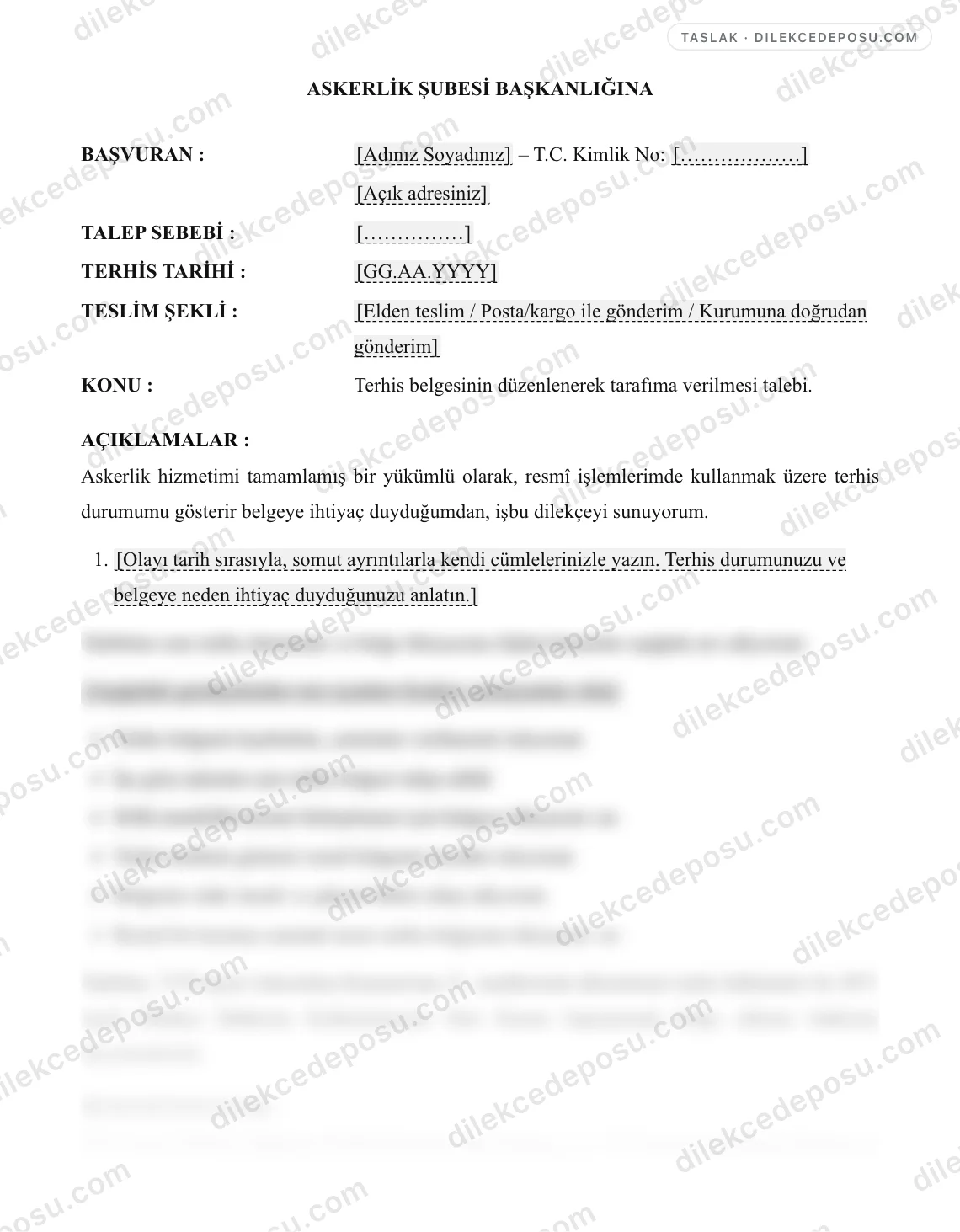 Terhis Belgesi Talep Dilekçesi Örneği – taslağın ilk bölümünün önizlemesi