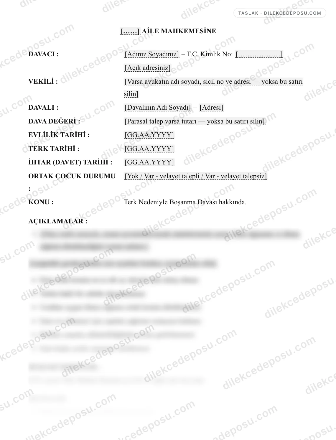 Terk Nedeniyle Boşanma Davası Örneği – taslağın ilk bölümünün önizlemesi
