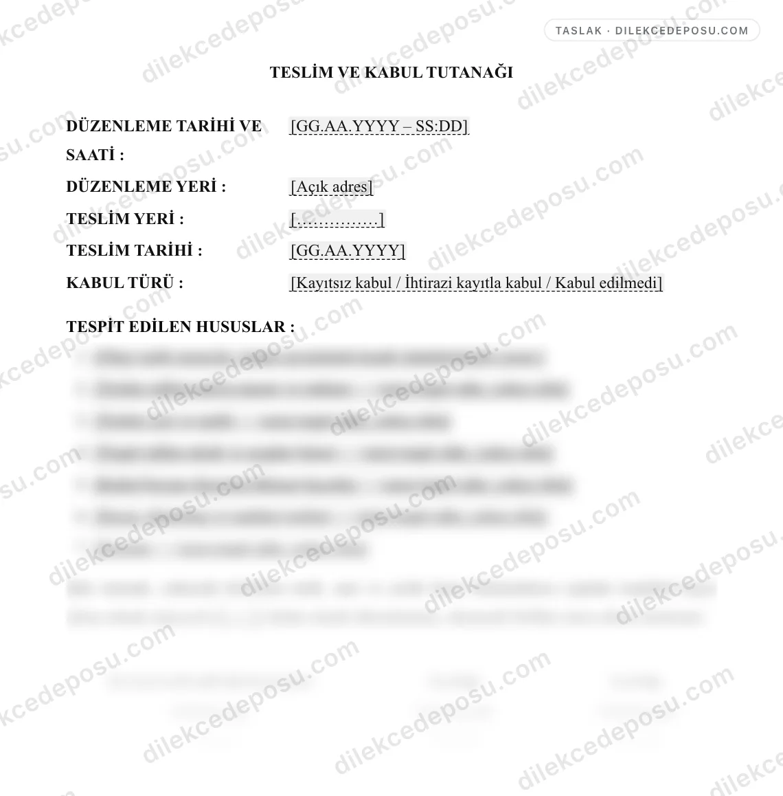 Teslim ve Kabul Tutanağı Örneği – taslağın ilk bölümünün önizlemesi