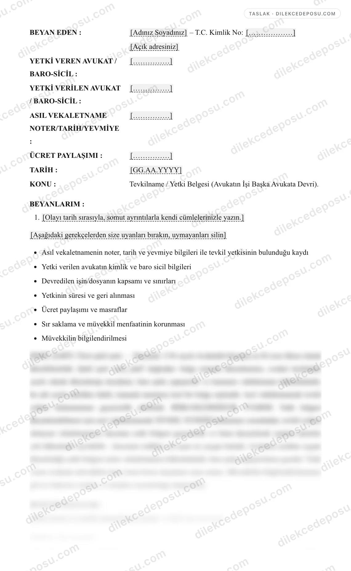 Tevkilname / Yetki Belgesi (Avukatın İşi Başka Avukata Devri) Örneği – taslağın ilk bölümünün önizlemesi
